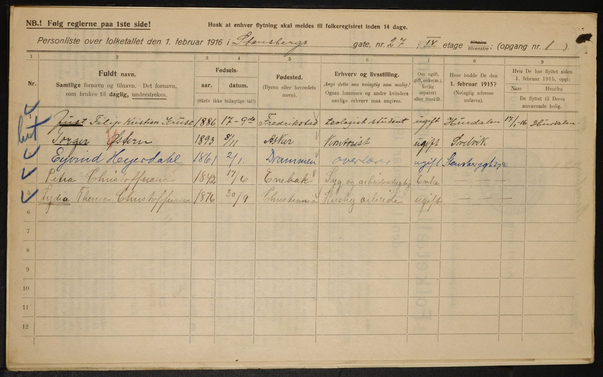 OBA, Municipal Census 1916 for Kristiania, 1916, p. 104432