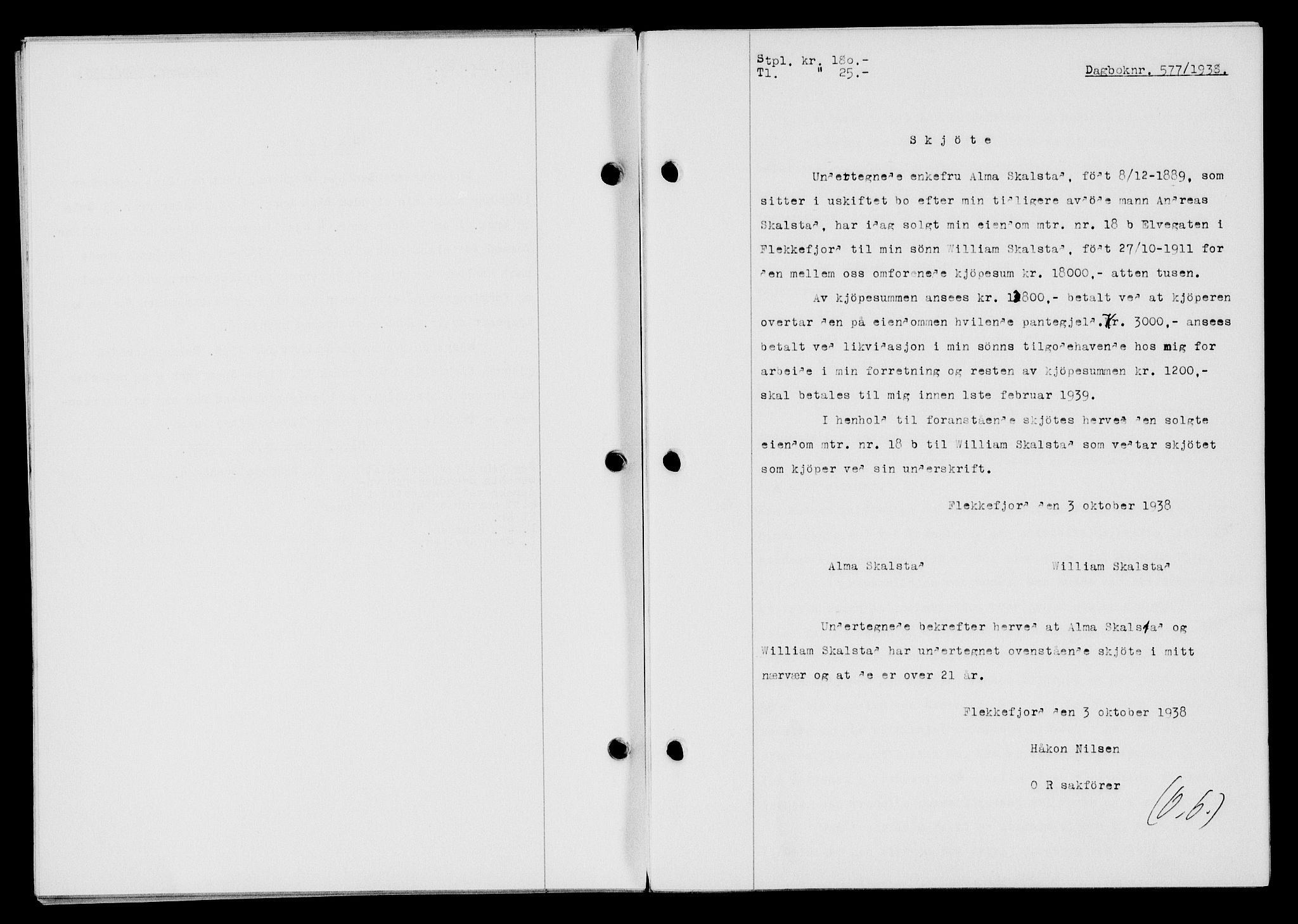 Flekkefjord sorenskriveri, AV/SAK-1221-0001/G/Gb/Gba/L0054: Mortgage book no. A-2, 1937-1938, Diary no: : 577/1938