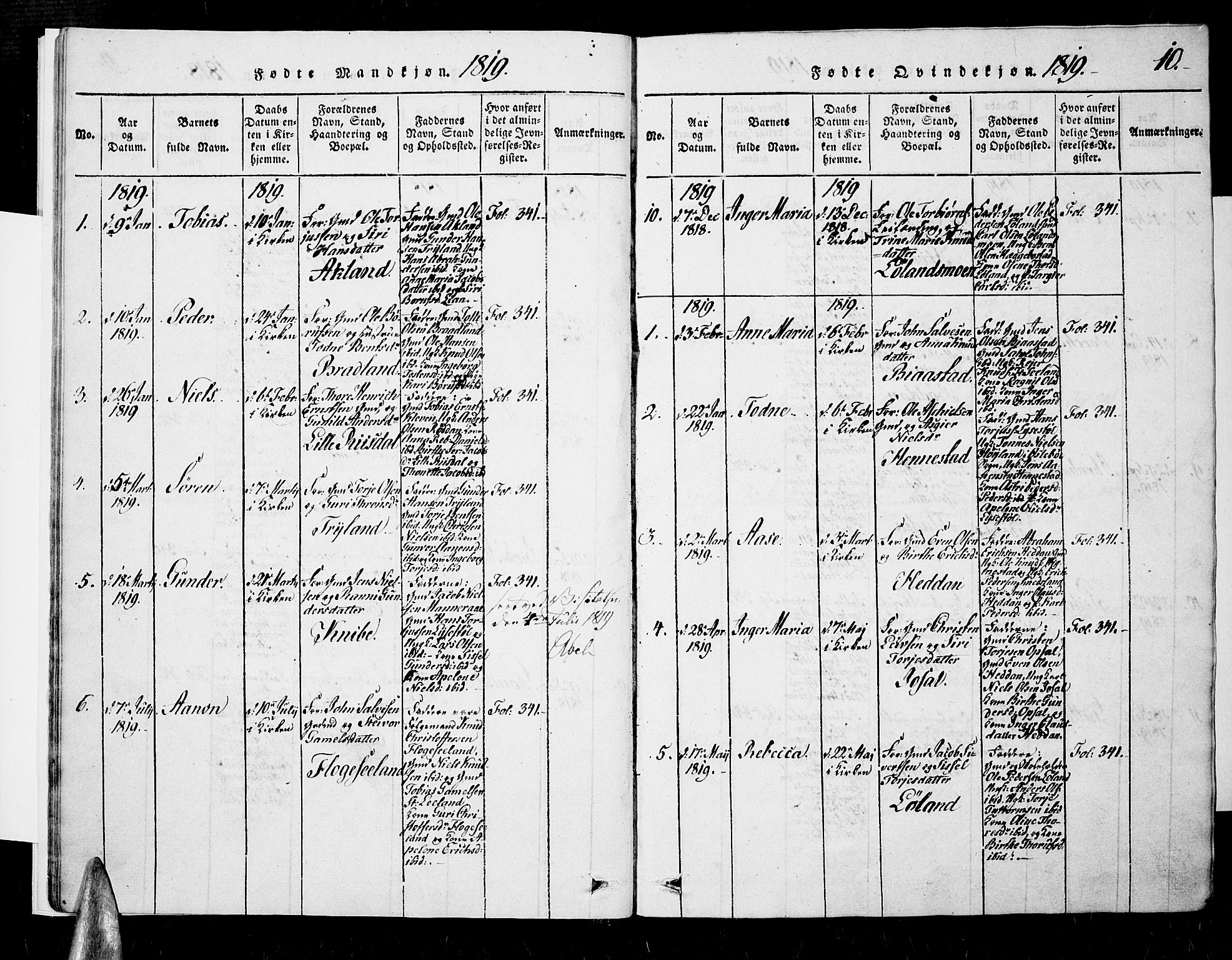 Nord-Audnedal sokneprestkontor, SAK/1111-0032/F/Fa/Fab/L0001: Parish register (official) no. A 1, 1816-1858, p. 10