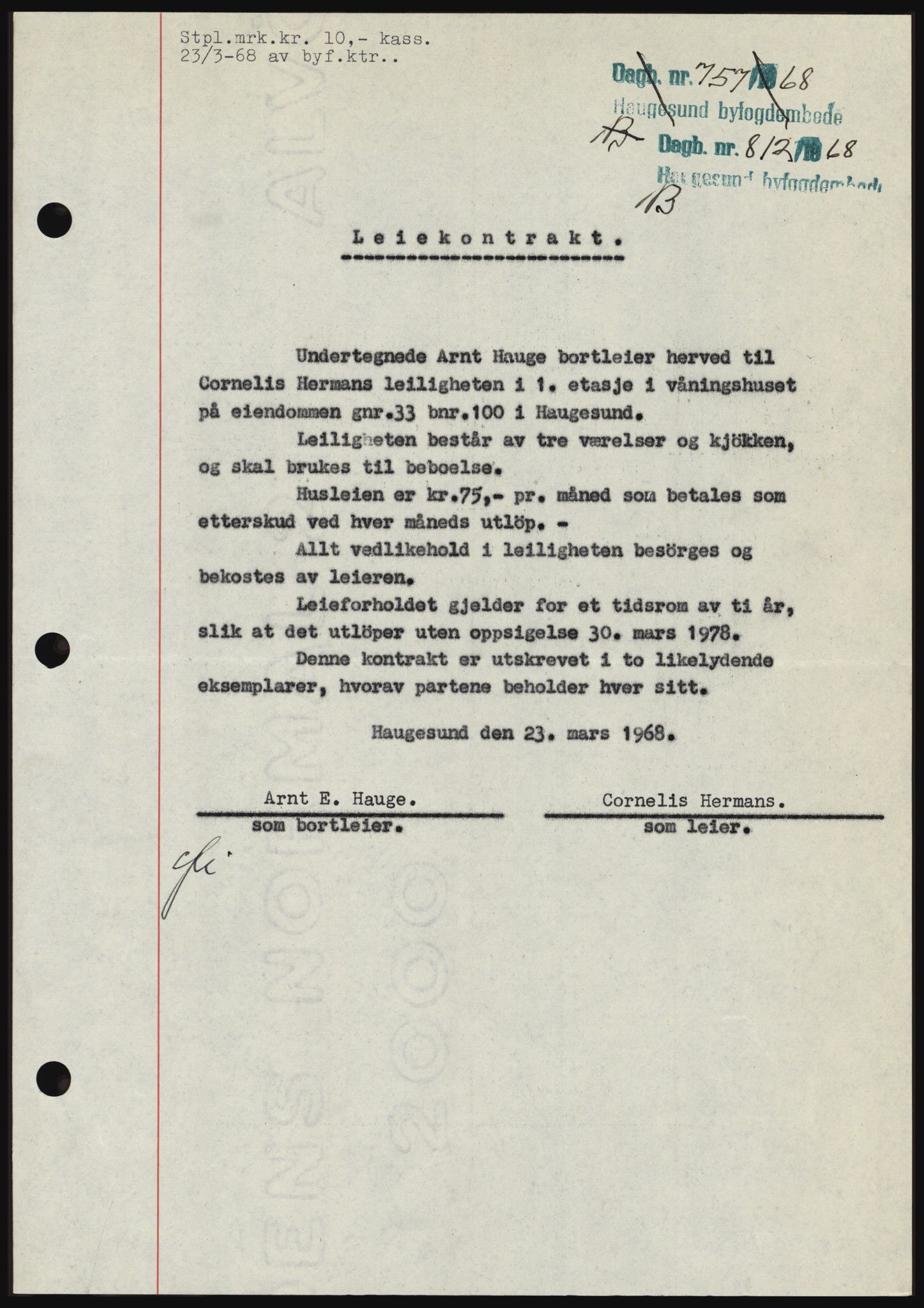 Haugesund tingrett, SAST/A-101415/01/II/IIC/L0058: Mortgage book no. B 58, 1967-1968, Diary no: : 812/1968