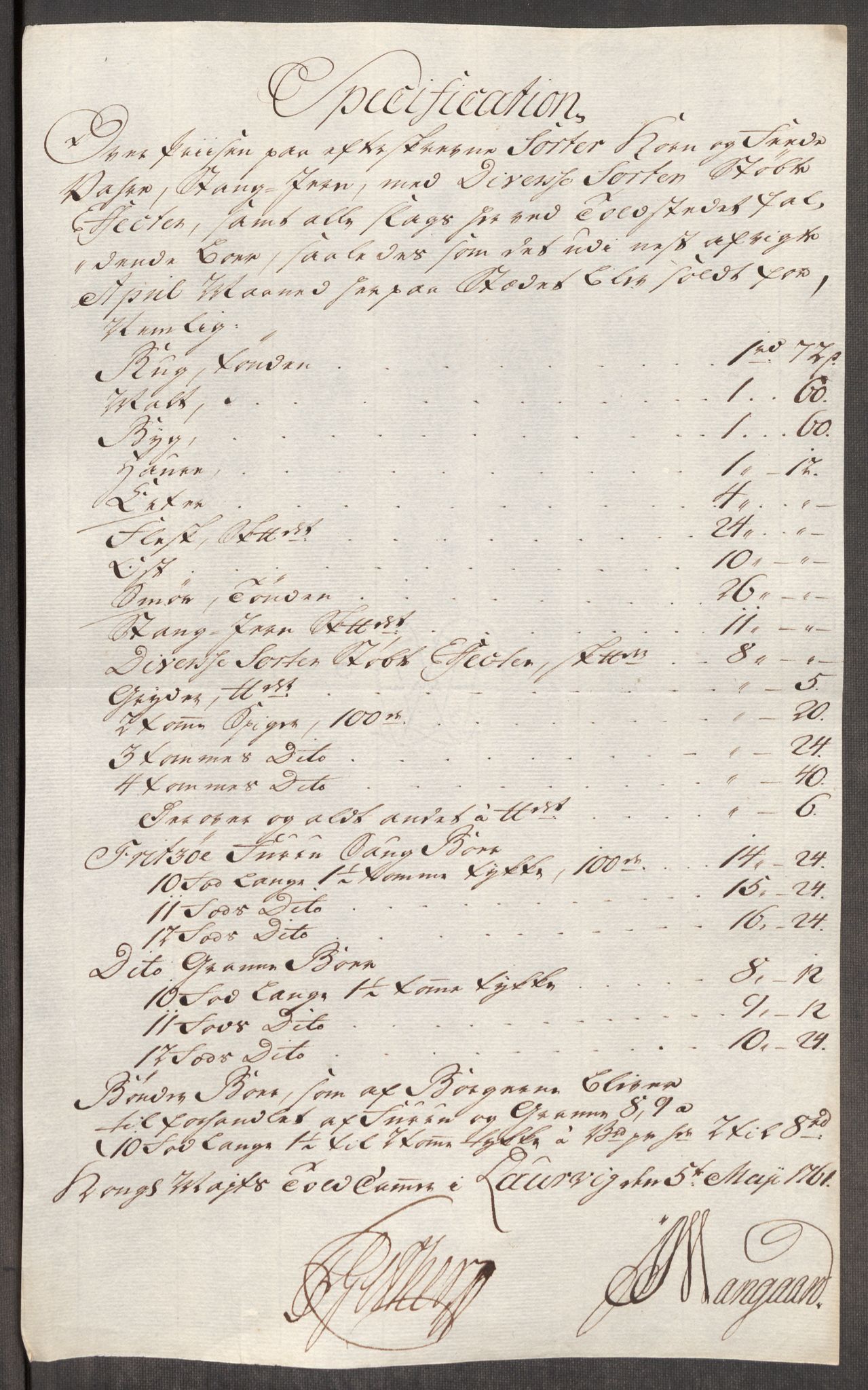 Rentekammeret inntil 1814, Realistisk ordnet avdeling, RA/EA-4070/Oe/L0007: [Ø1]: Priskuranter, 1761-1763, p. 169