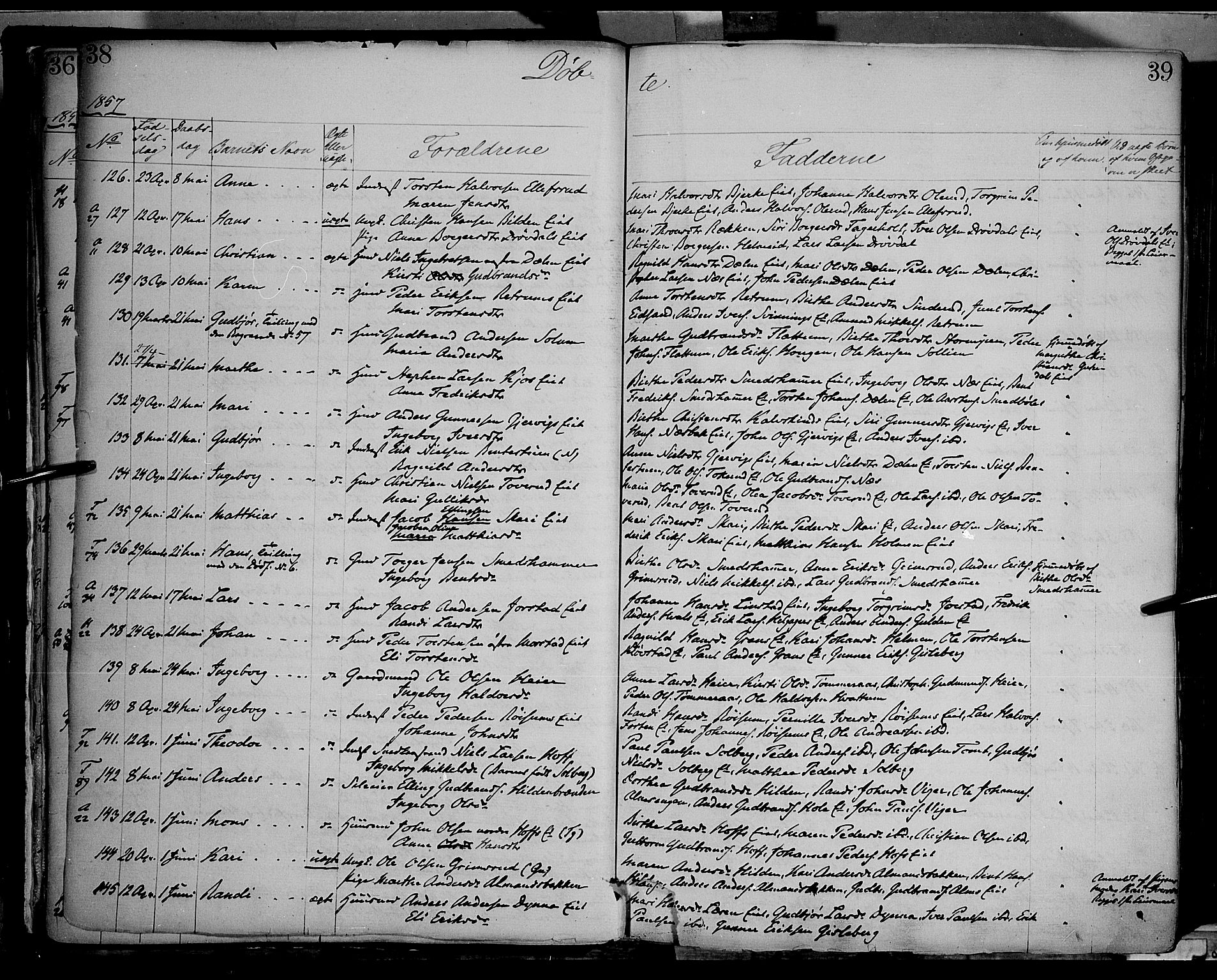Gran prestekontor, SAH/PREST-112/H/Ha/Haa/L0012: Parish register (official) no. 12, 1856-1874, p. 38-39