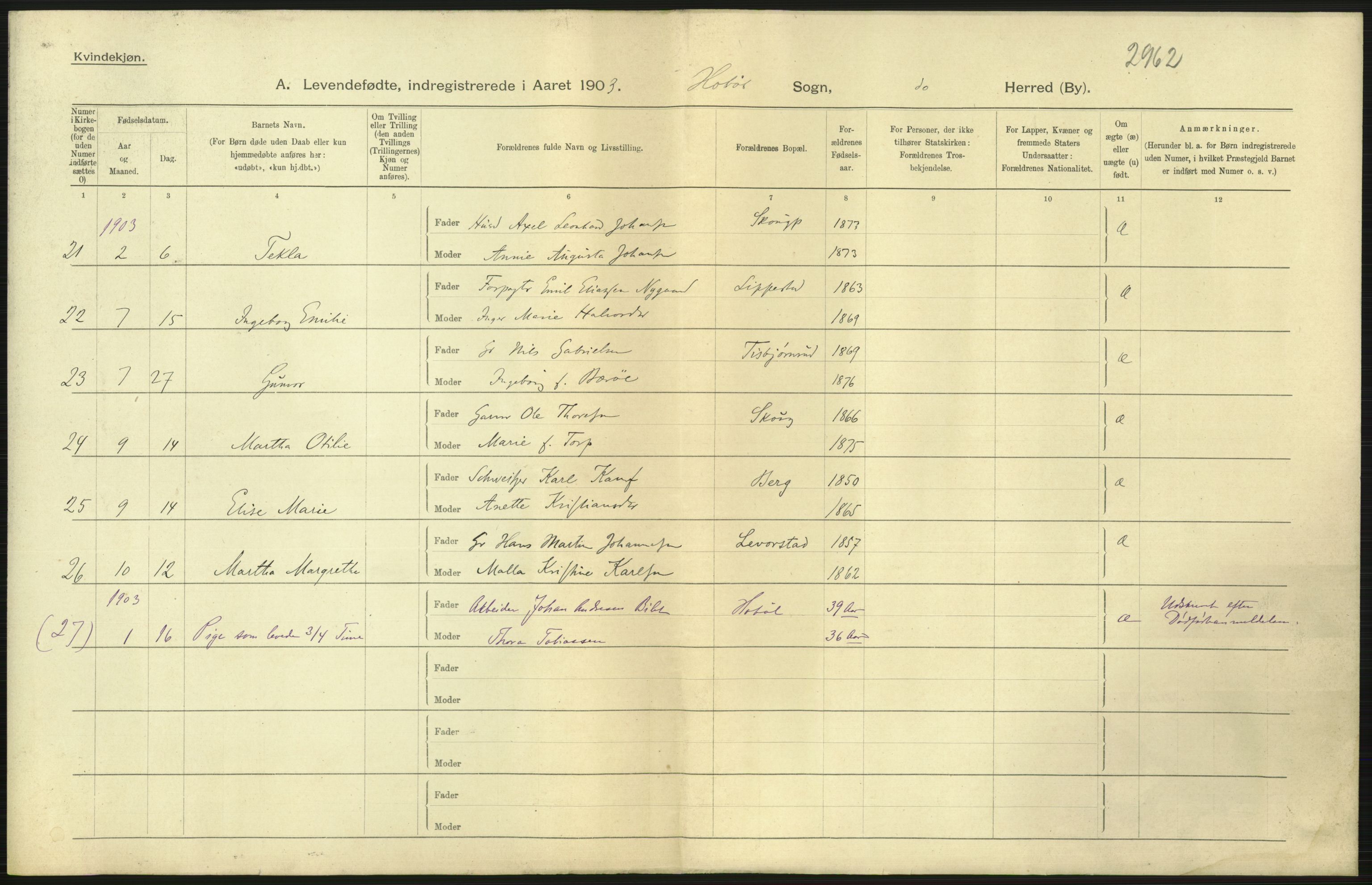 Statistisk sentralbyrå, Sosiodemografiske emner, Befolkning, AV/RA-S-2228/D/Df/Dfa/Dfaa/L0001: Smålenenes amt: Fødte, gifte, døde, 1903, p. 7