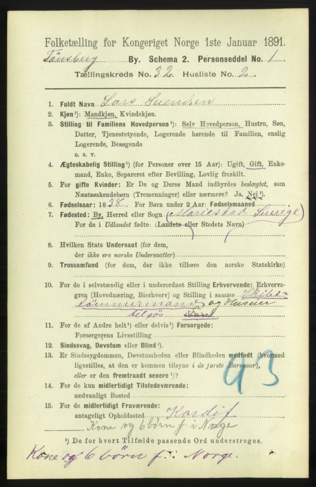 RA, 1891 census for 0705 Tønsberg, 1891, p. 7468