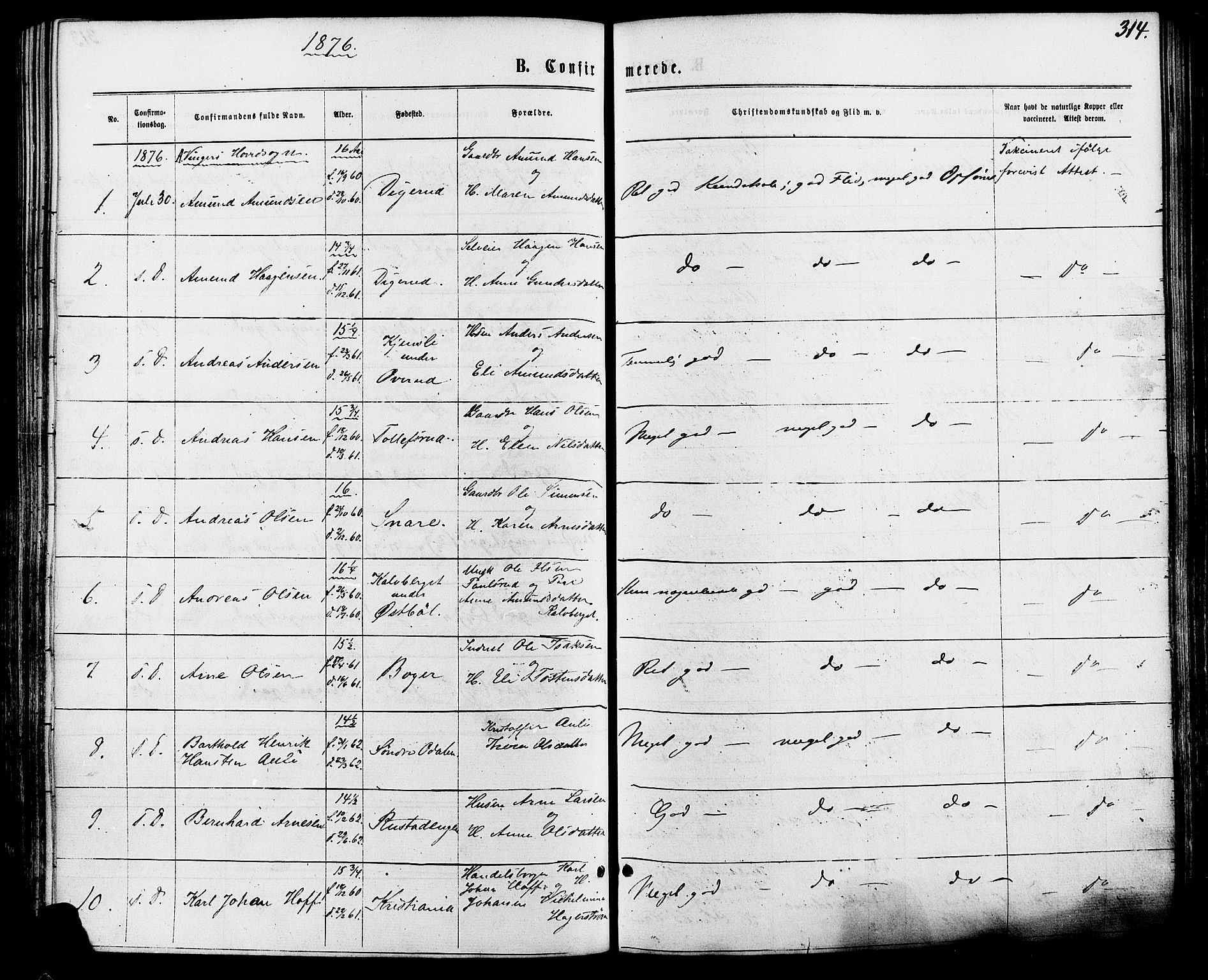 Vinger prestekontor, SAH/PREST-024/H/Ha/Haa/L0012: Parish register (official) no. 12, 1871-1880, p. 314