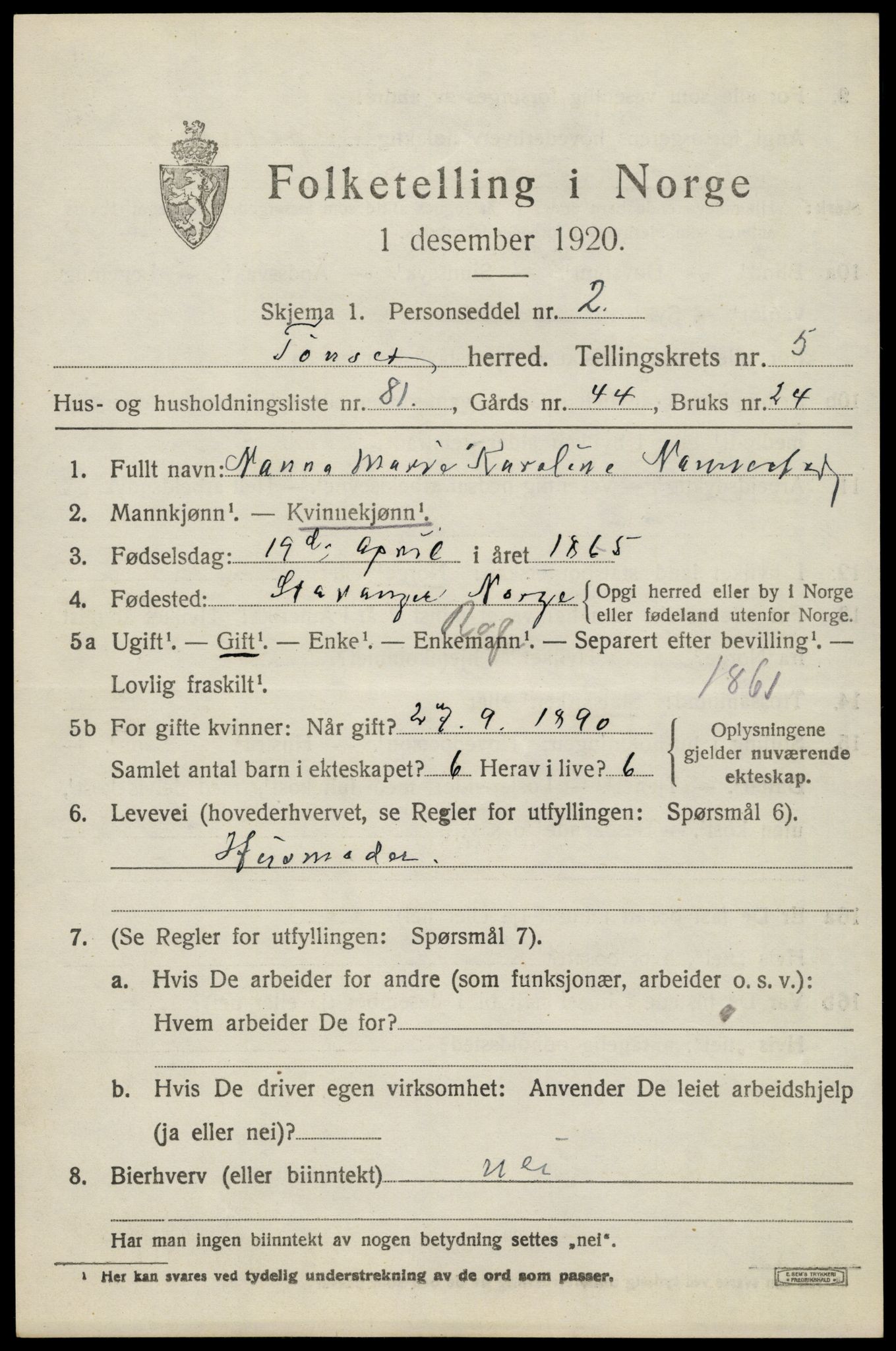 SAH, 1920 census for Tynset, 1920, p. 5468