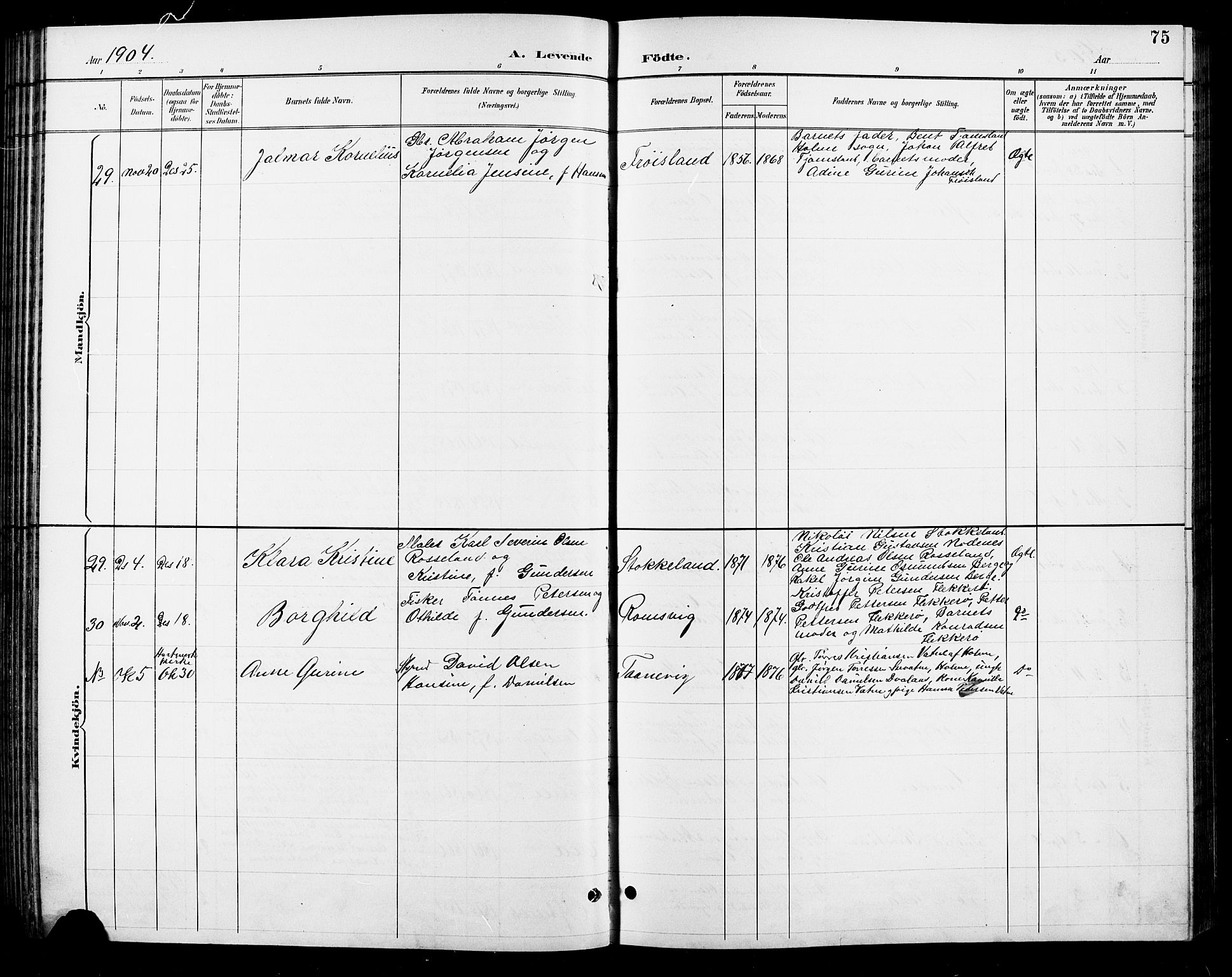 Søgne sokneprestkontor, AV/SAK-1111-0037/F/Fb/Fbb/L0006: Parish register (copy) no. B 6, 1892-1911, p. 75