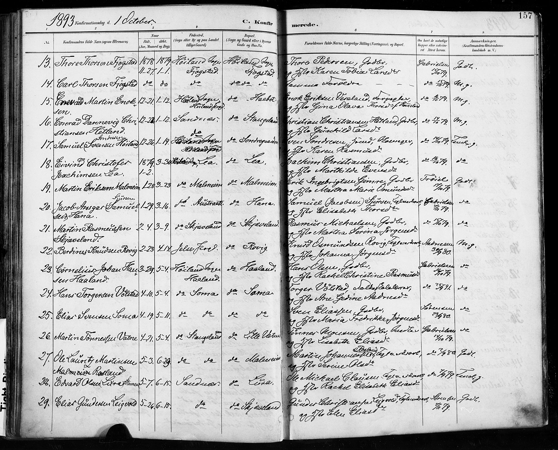 Høyland sokneprestkontor, SAST/A-101799/001/30BA/L0013: Parish register (official) no. A 13.1, 1889-1898, p. 157