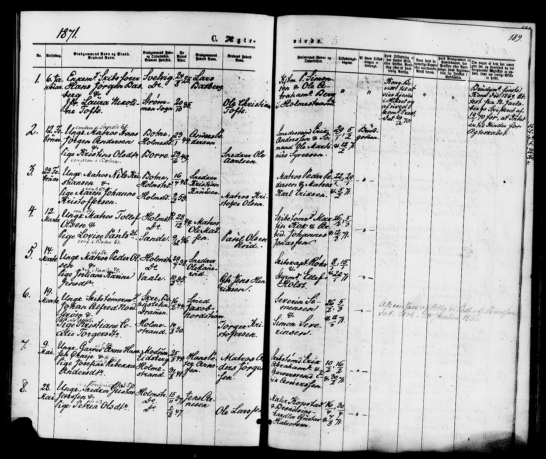 Holmestrand kirkebøker, SAKO/A-346/F/Fa/L0003: Parish register (official) no. 3, 1867-1879, p. 189