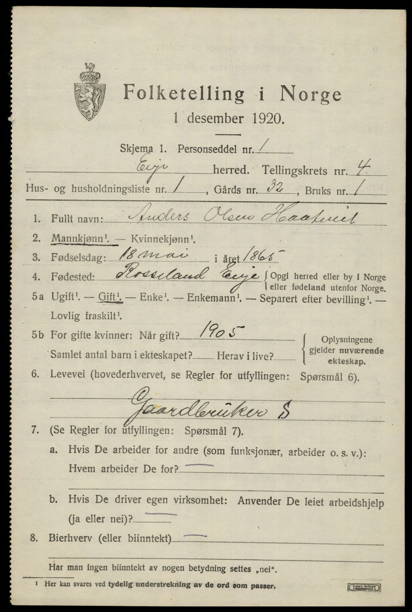 SAK, 1920 census for Evje, 1920, p. 1312