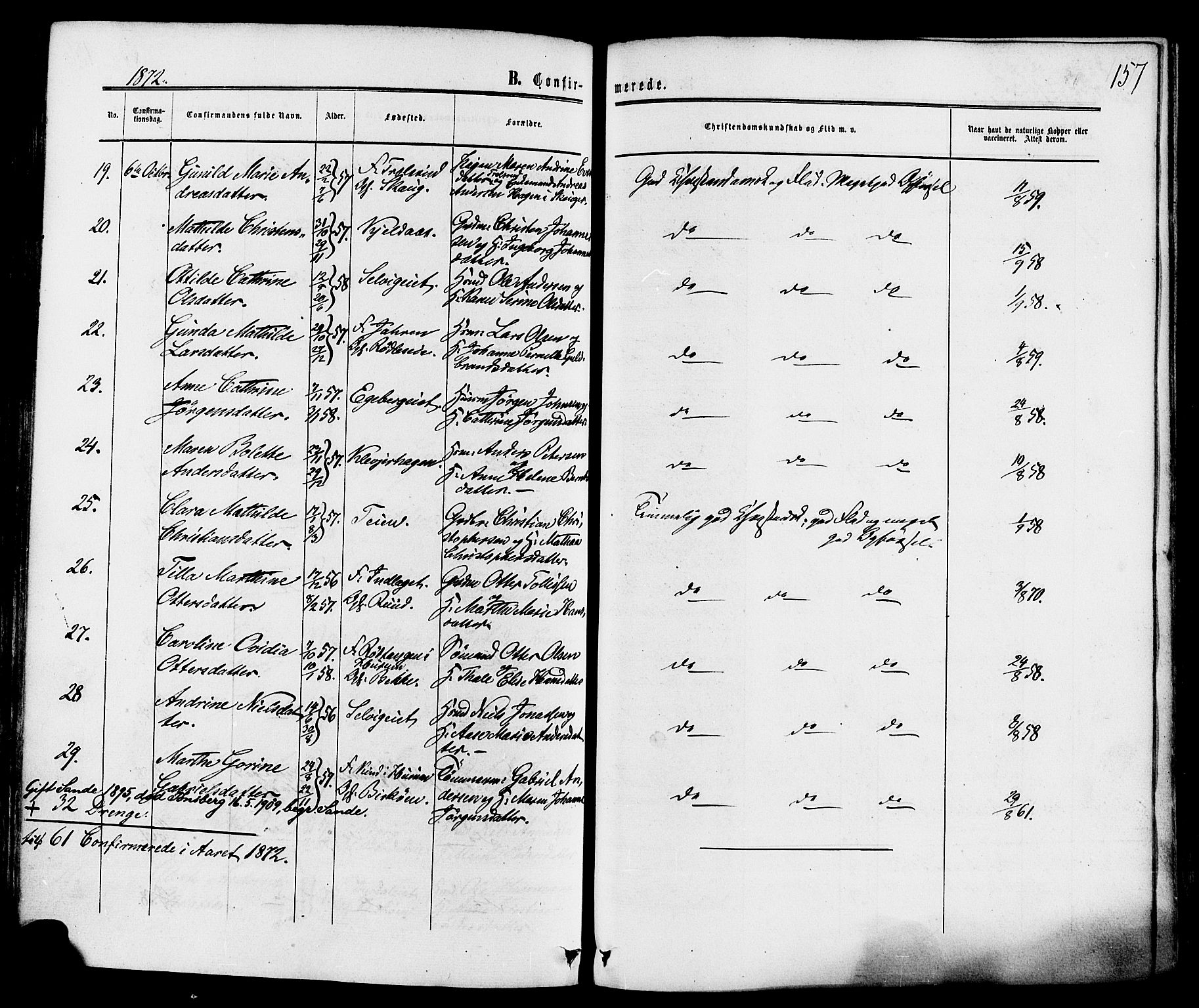 Sande Kirkebøker, AV/SAKO-A-53/F/Fa/L0005: Parish register (official) no. 5, 1865-1877, p. 157