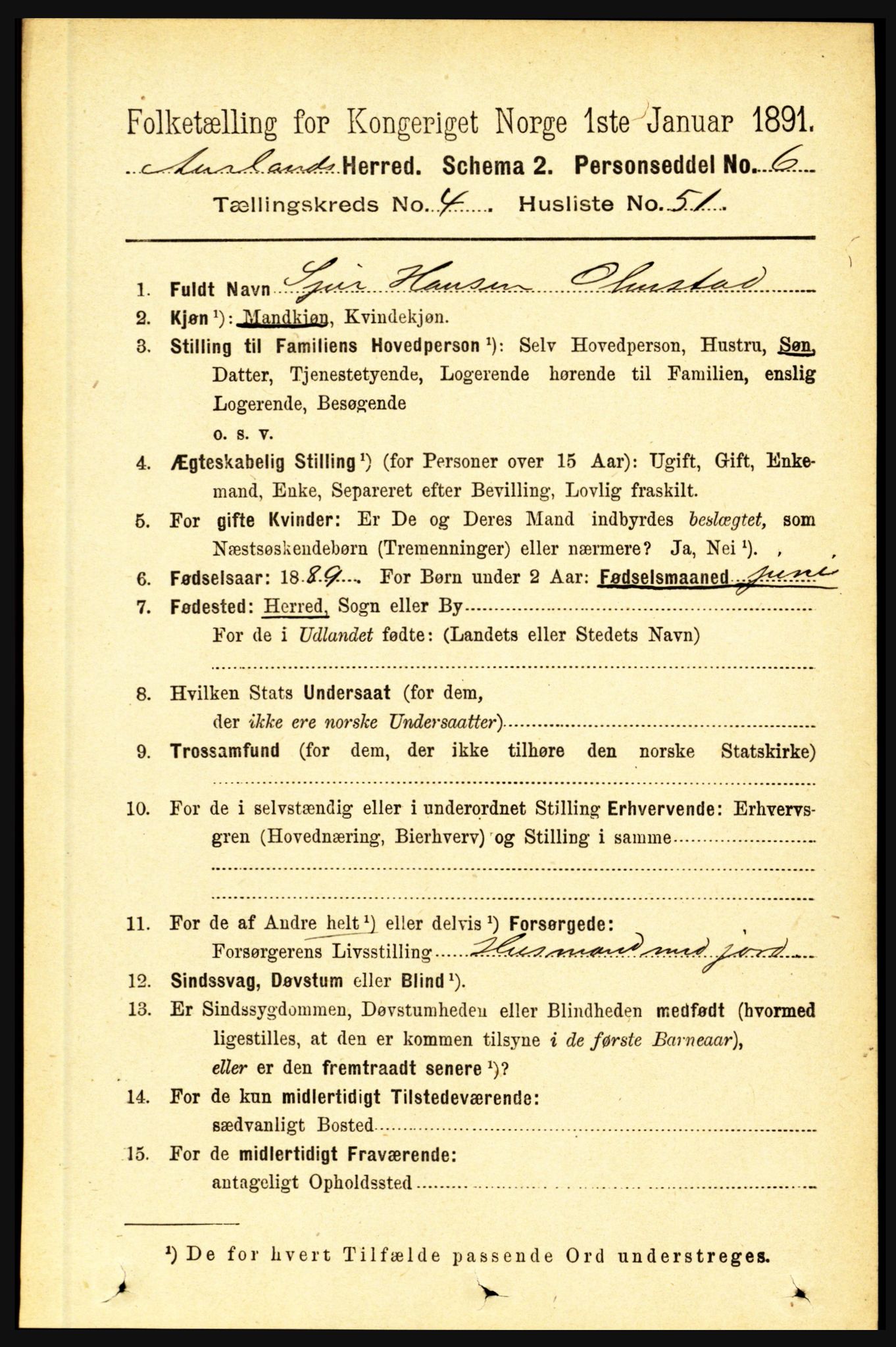 RA, 1891 census for 1421 Aurland, 1891, p. 1616