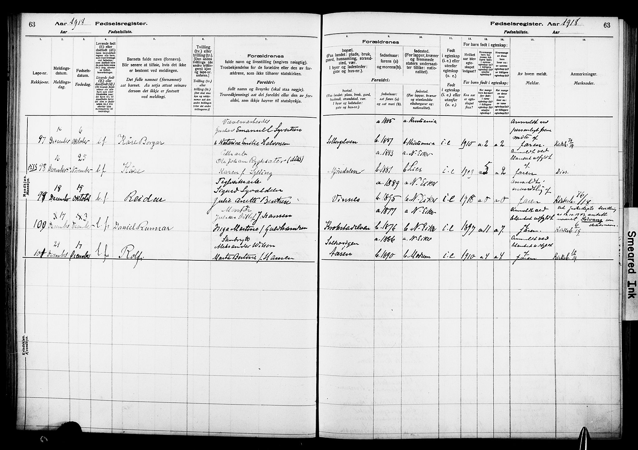 Nedre Eiker kirkebøker, AV/SAKO-A-612/J/Ja/L0001: Birth register no. 1, 1916-1925, p. 63