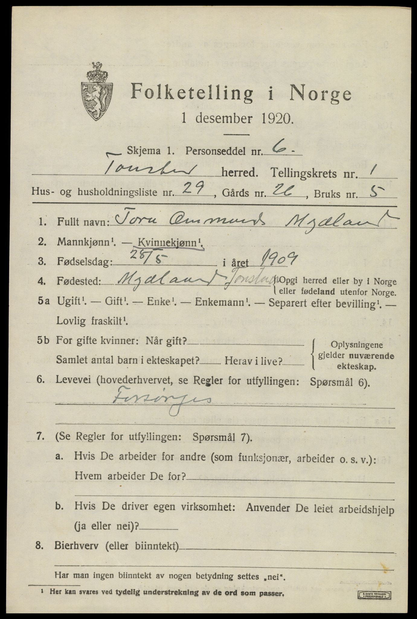 SAK, 1920 census for Tonstad, 1920, p. 718