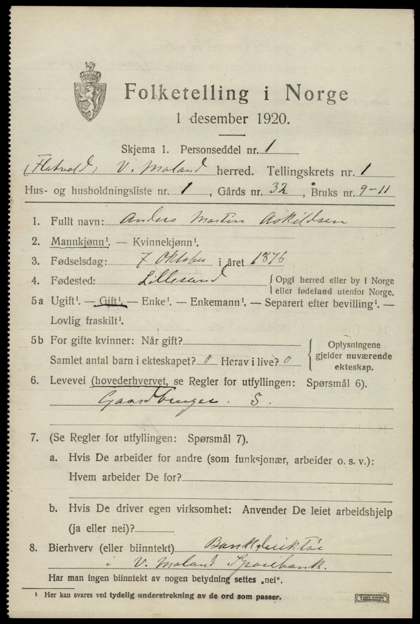 SAK, 1920 census for Vestre Moland, 1920, p. 1047