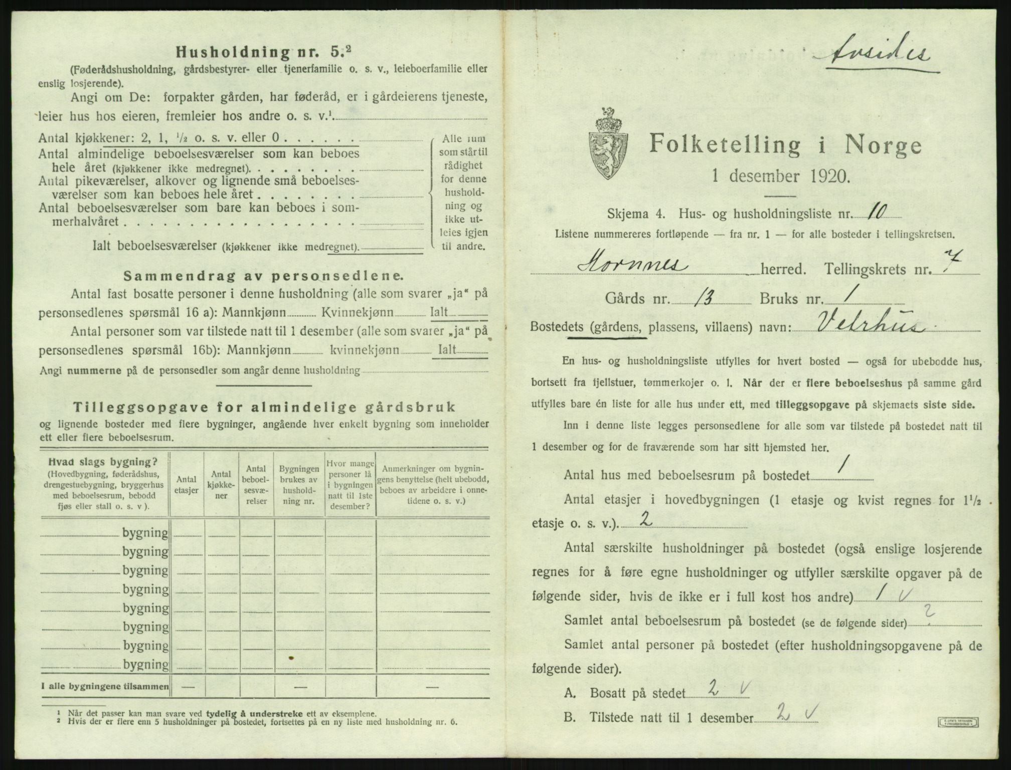 SAK, 1920 census for Hornnes, 1920, p. 281