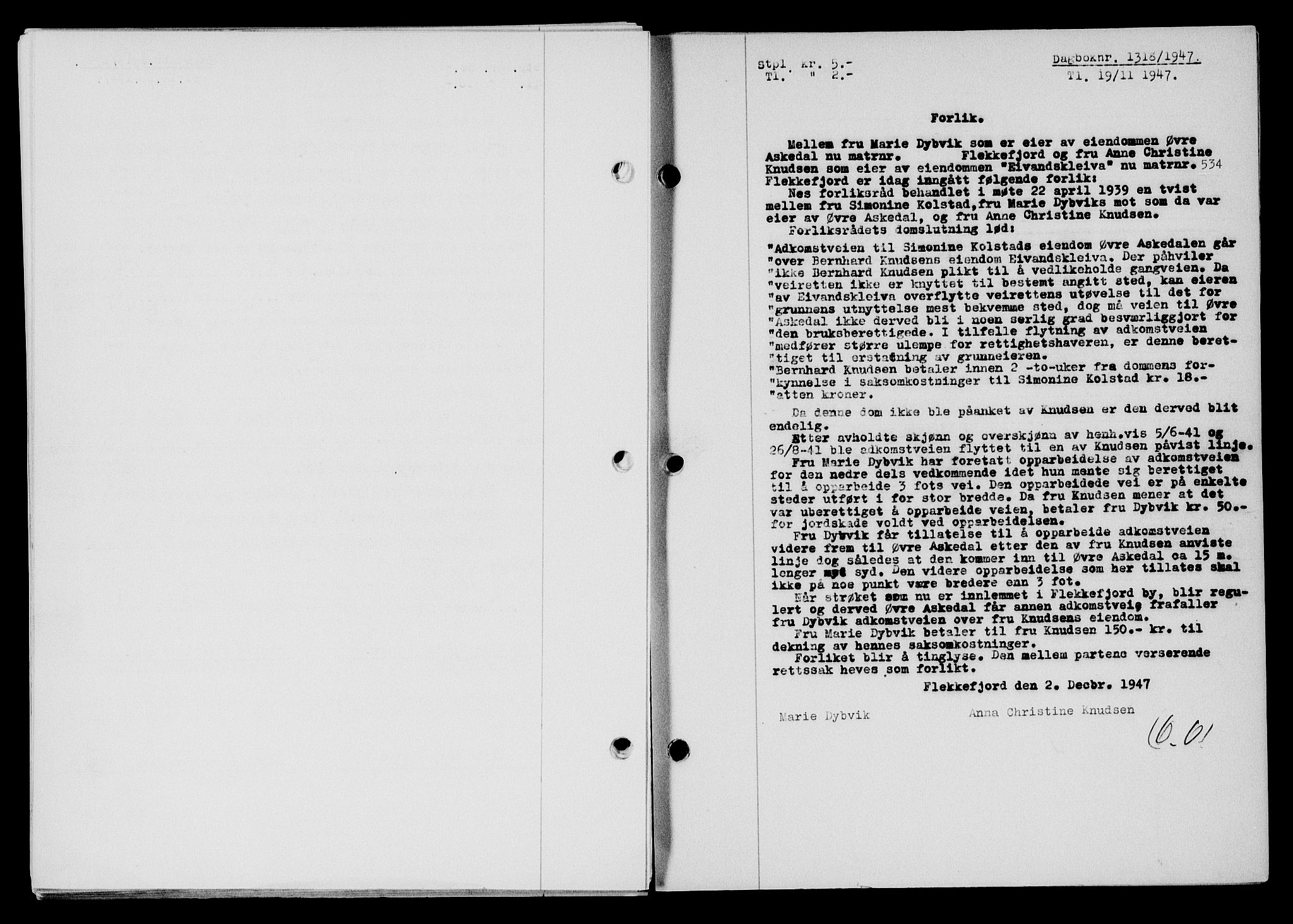 Flekkefjord sorenskriveri, AV/SAK-1221-0001/G/Gb/Gba/L0063: Mortgage book no. A-11, 1947-1948, Diary no: : 1318/1947