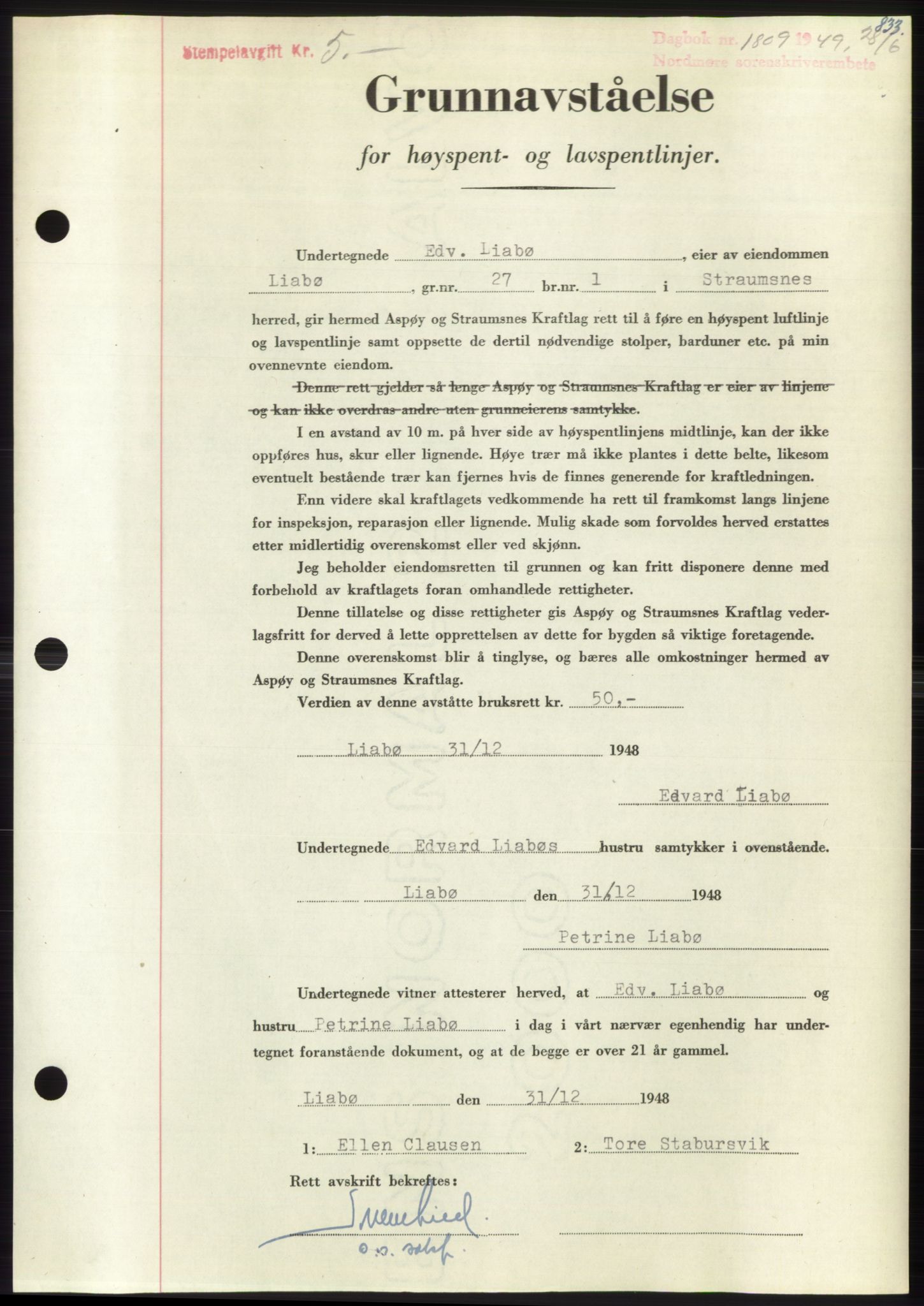 Nordmøre sorenskriveri, AV/SAT-A-4132/1/2/2Ca: Mortgage book no. B101, 1949-1949, Diary no: : 1809/1949