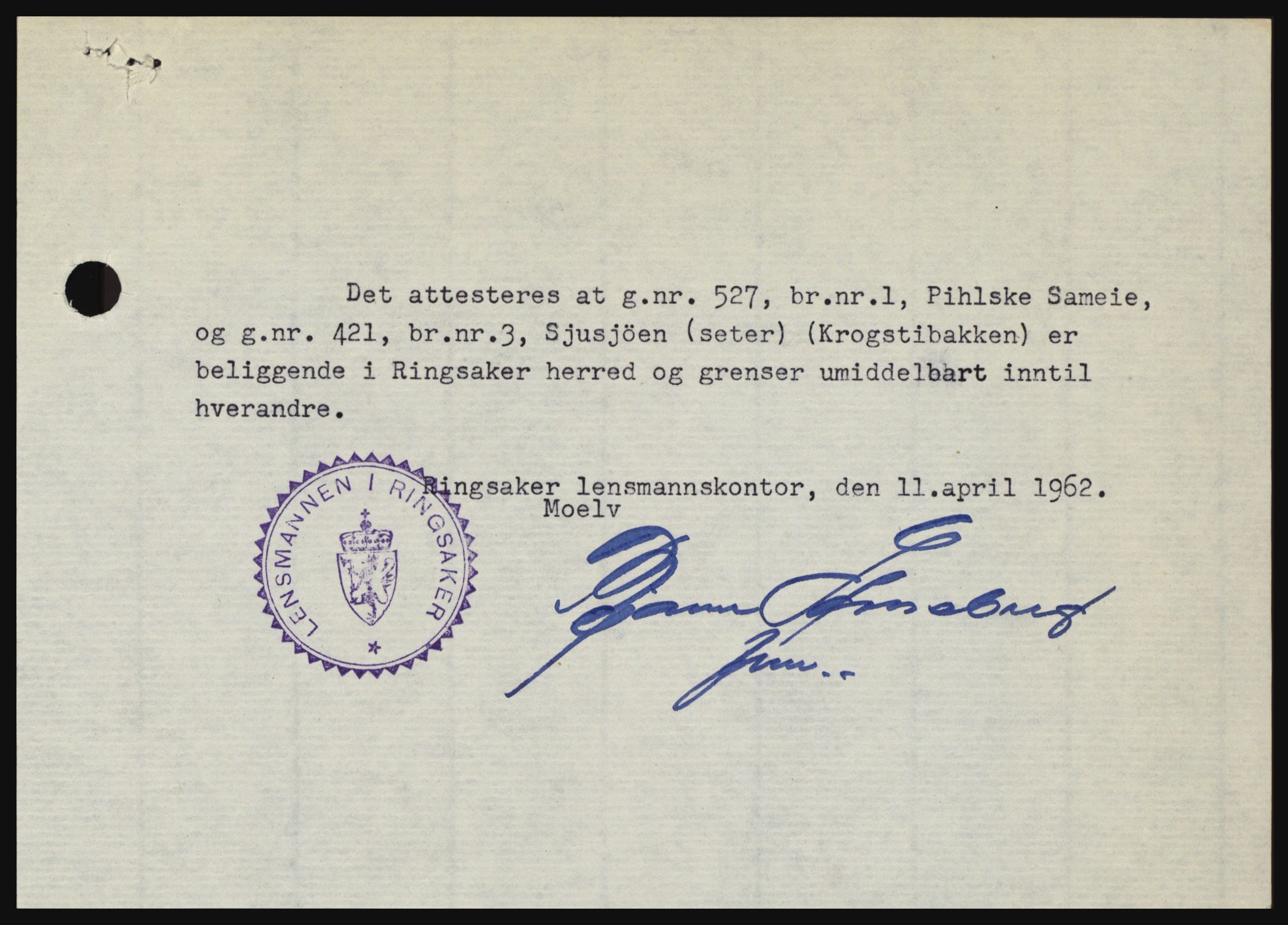 Nord-Hedmark sorenskriveri, SAH/TING-012/H/Hc/L0016: Mortgage book no. 16, 1962-1962, Diary no: : 1344/1962