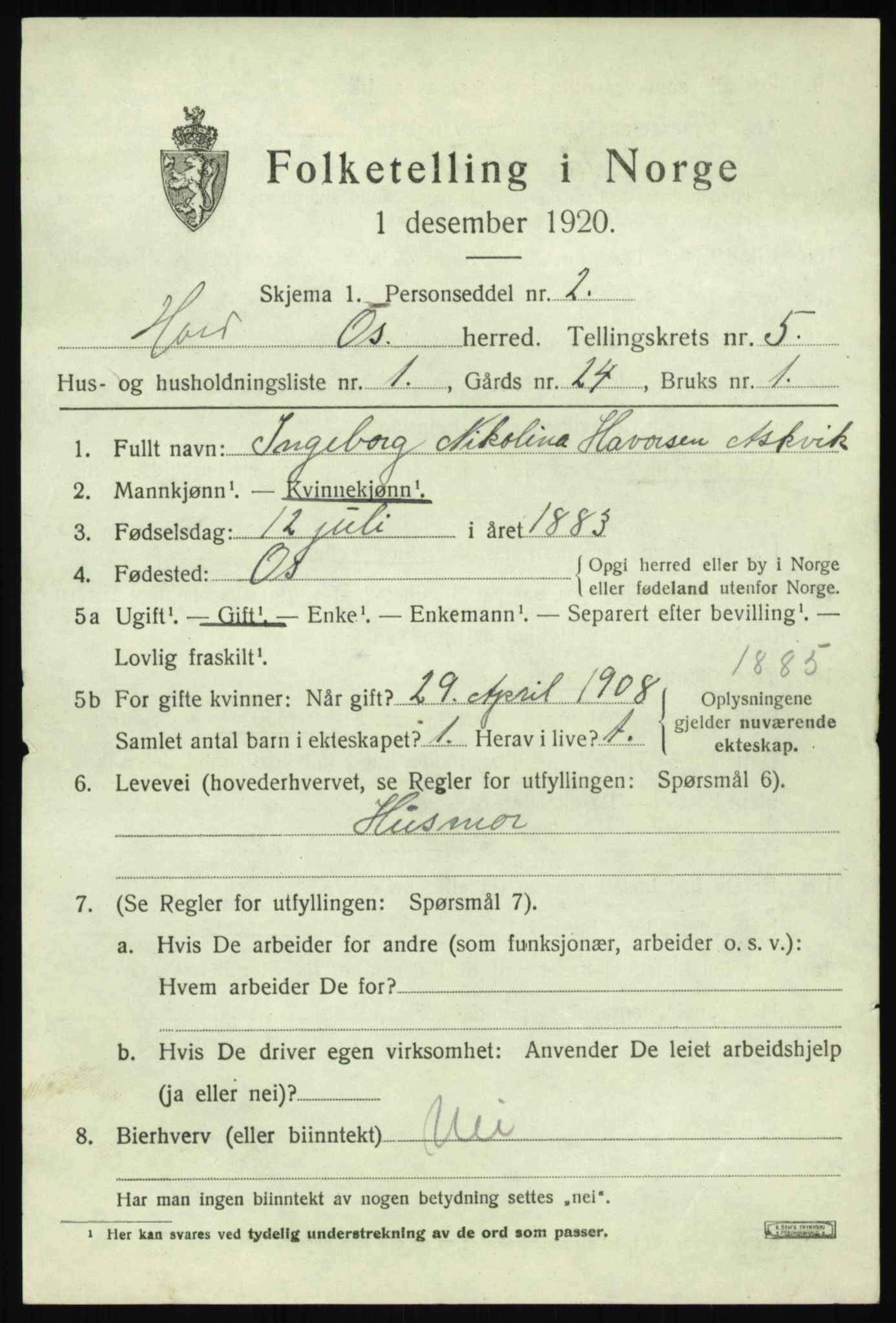 SAB, 1920 census for Os, 1920, p. 3672