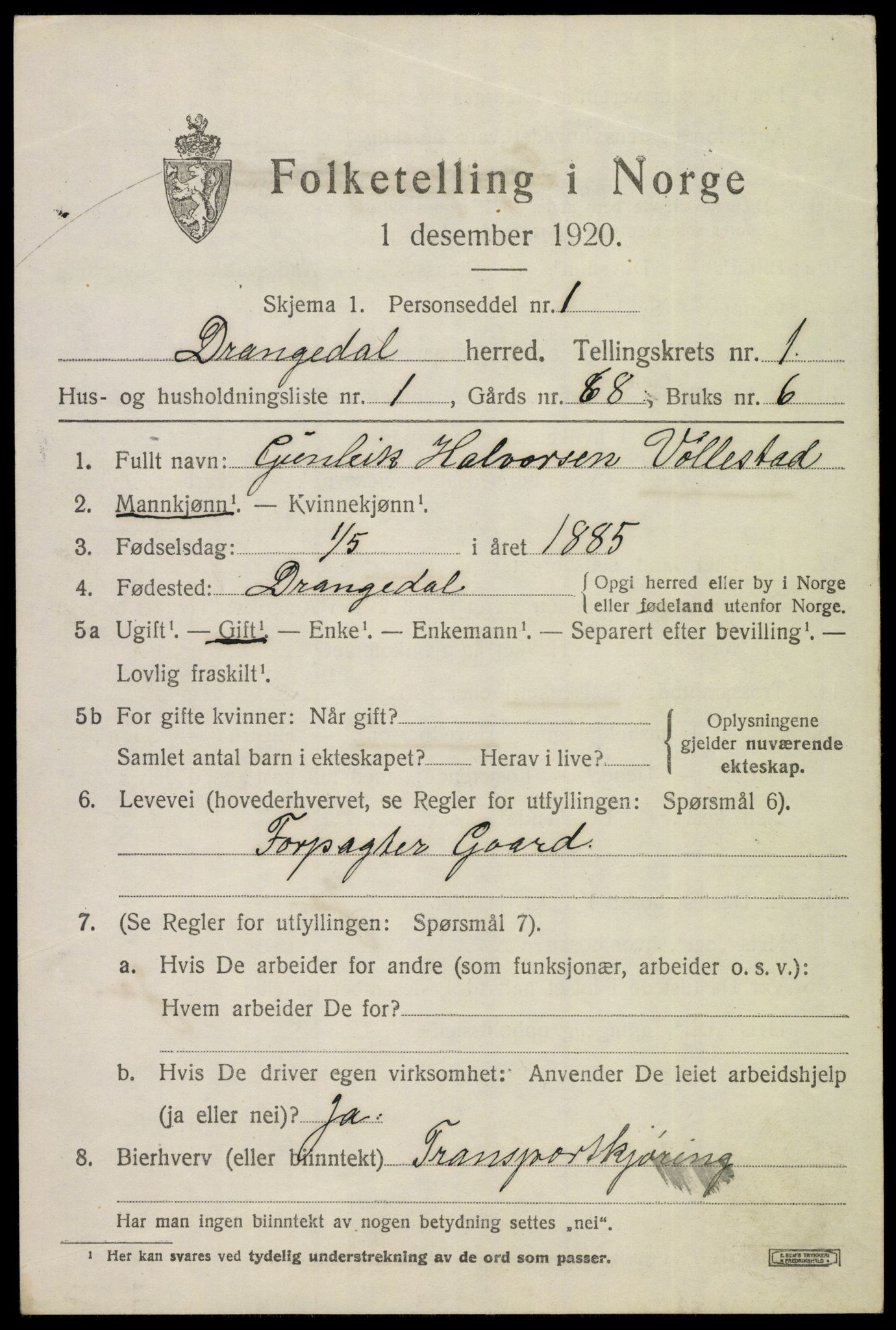 SAKO, 1920 census for Drangedal, 1920, p. 1661