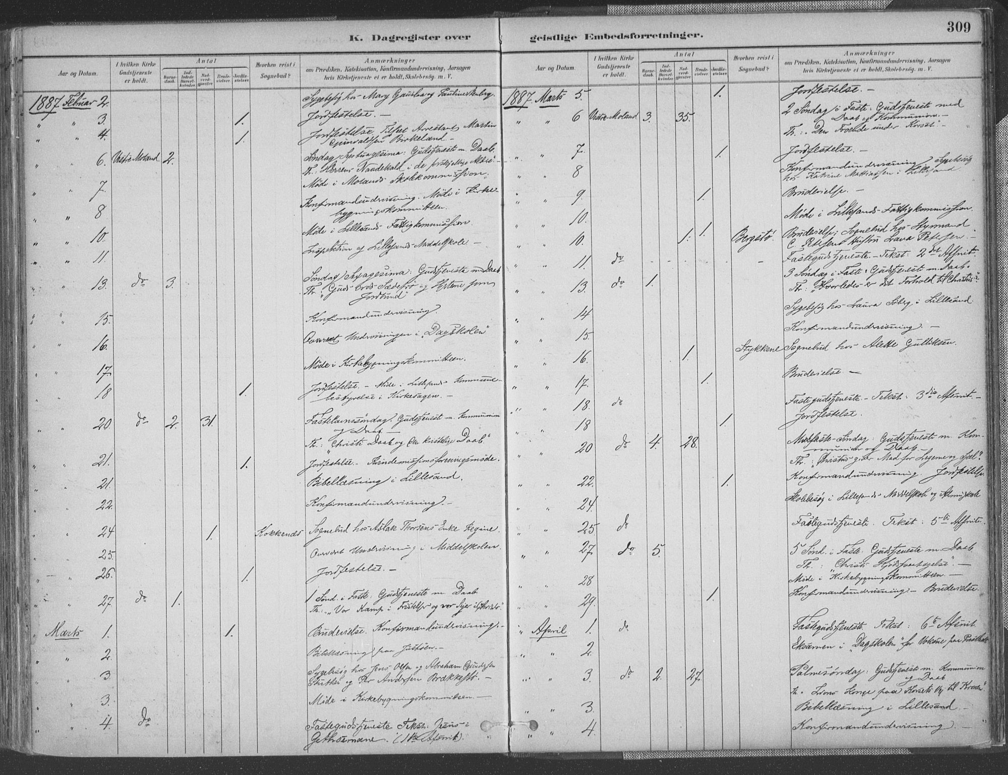 Vestre Moland sokneprestkontor, AV/SAK-1111-0046/F/Fa/Fab/L0009: Parish register (official) no. A 9, 1884-1899, p. 309