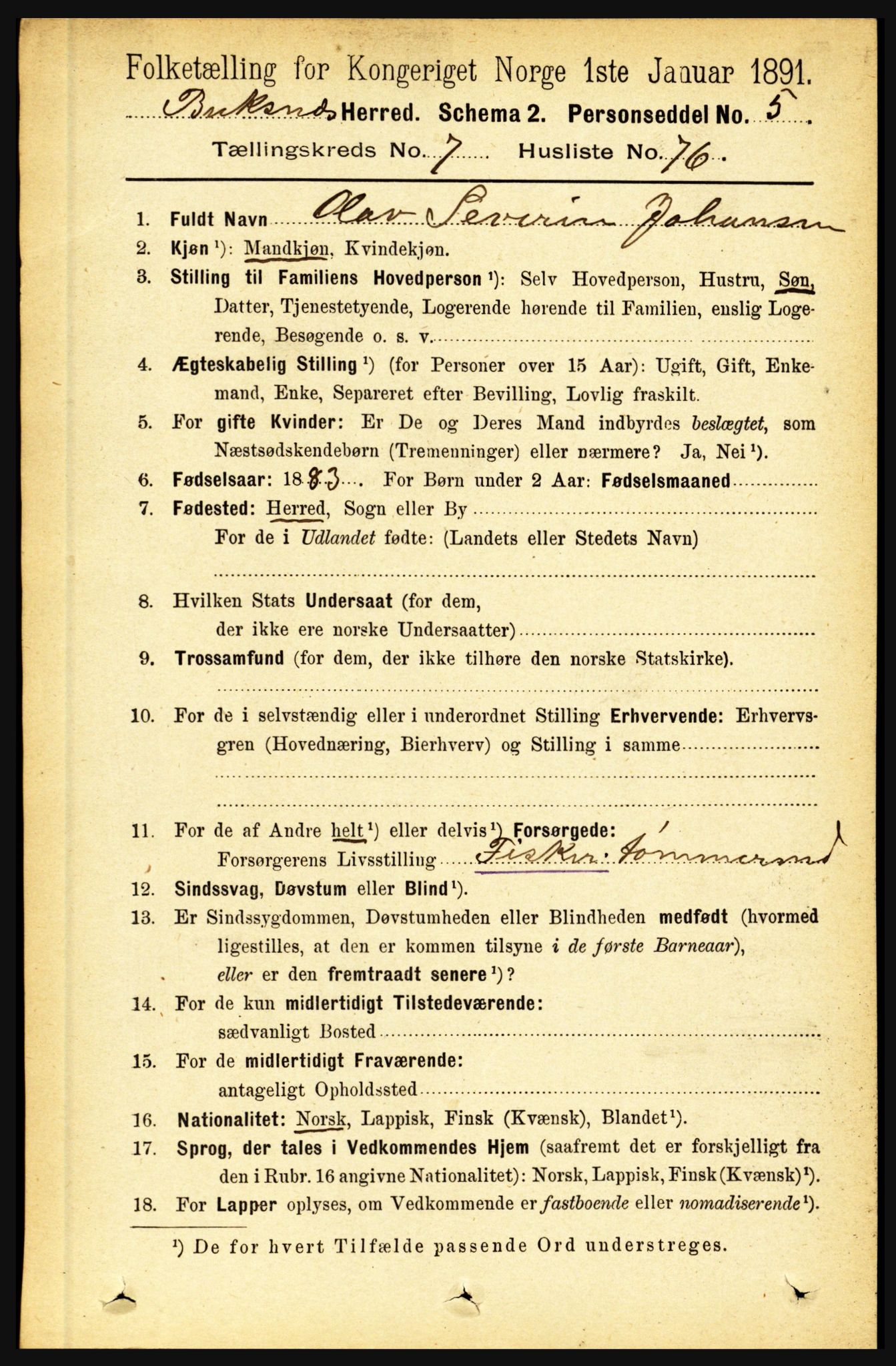 RA, 1891 census for 1860 Buksnes, 1891, p. 5475