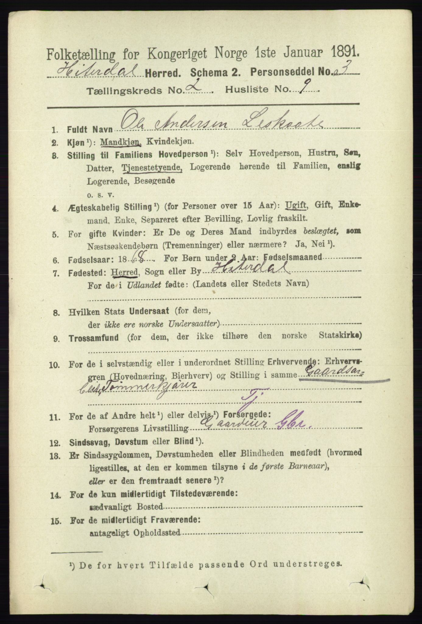 RA, 1891 census for 0823 Heddal, 1891, p. 627