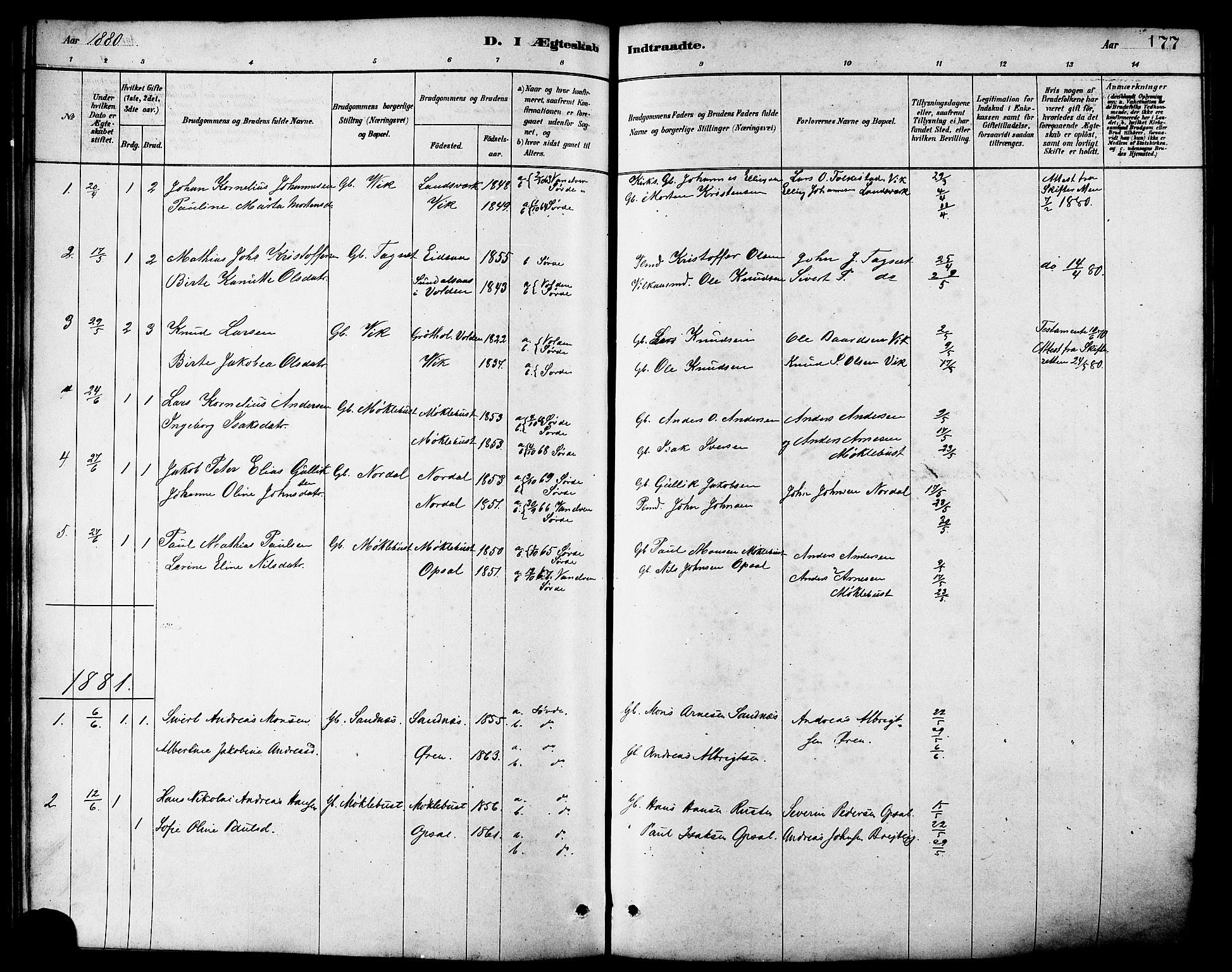 Ministerialprotokoller, klokkerbøker og fødselsregistre - Møre og Romsdal, AV/SAT-A-1454/502/L0027: Parish register (copy) no. 502C01, 1878-1908, p. 177