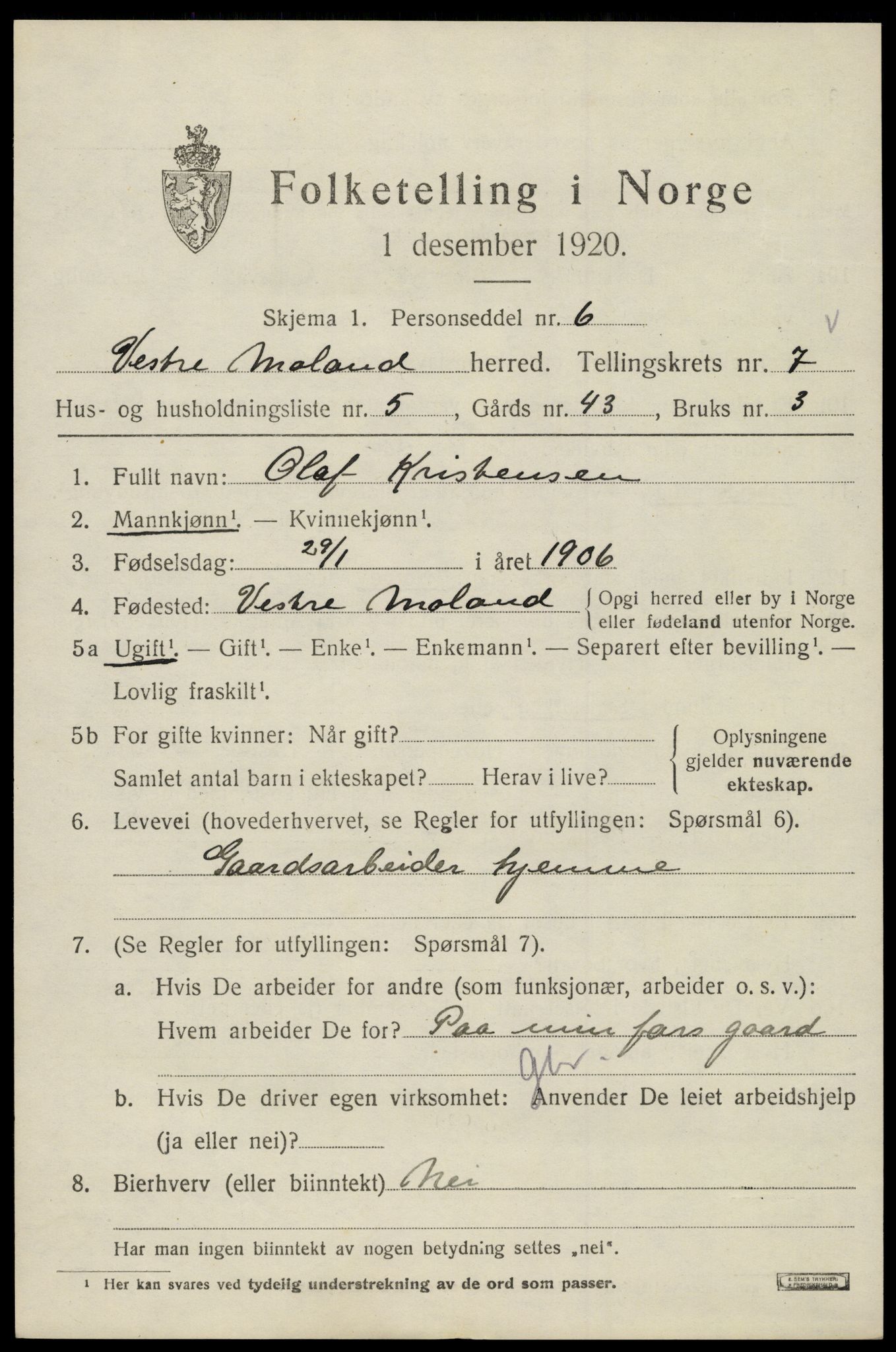 SAK, 1920 census for Vestre Moland, 1920, p. 4845