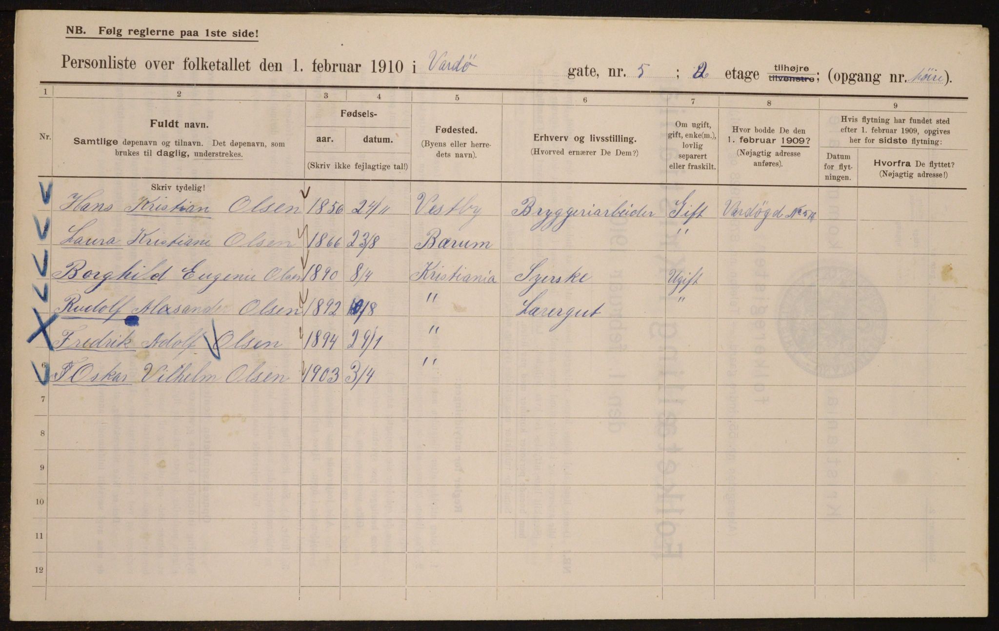 OBA, Municipal Census 1910 for Kristiania, 1910, p. 115562