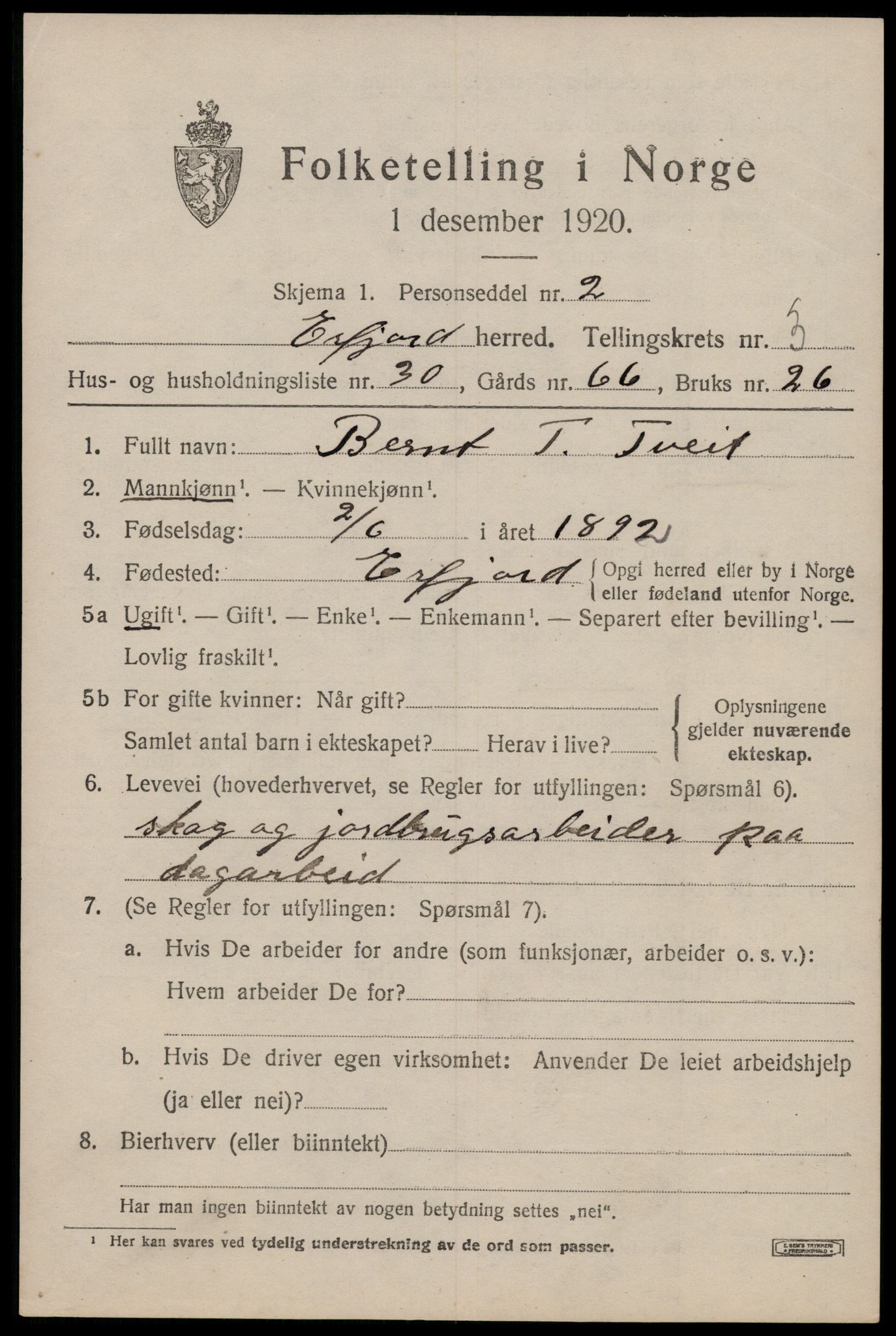 SAST, 1920 census for Erfjord, 1920, p. 1275