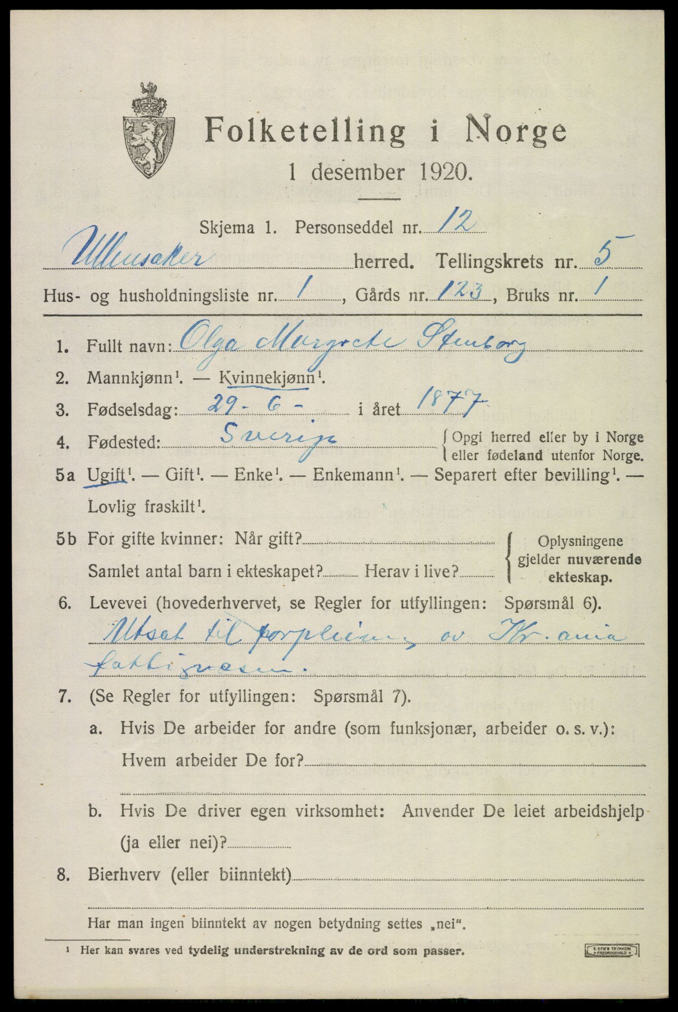 SAO, 1920 census for Ullensaker, 1920, p. 9061
