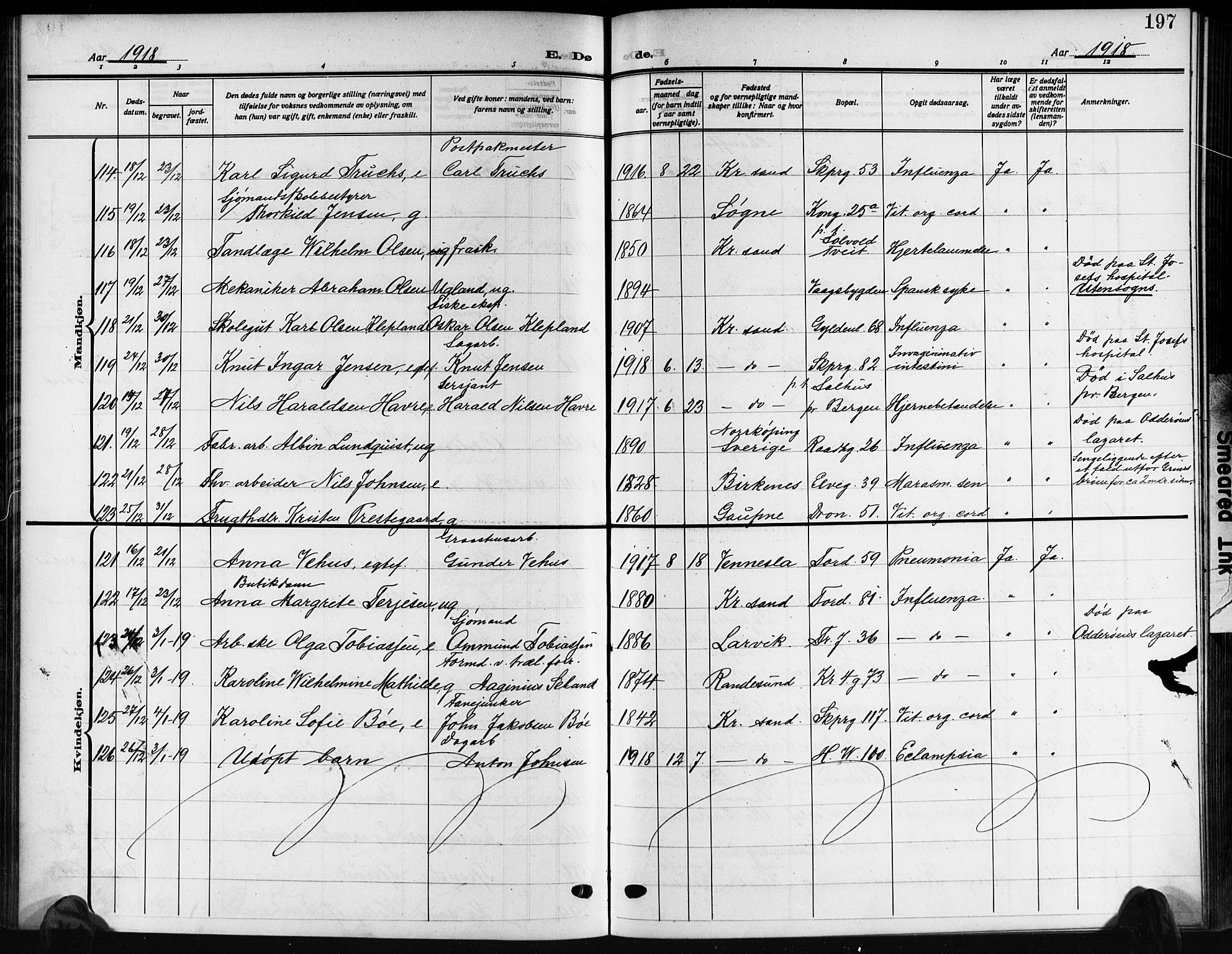 Kristiansand domprosti, SAK/1112-0006/F/Fb/L0022: Parish register (copy) no. B 22, 1915-1925, p. 197