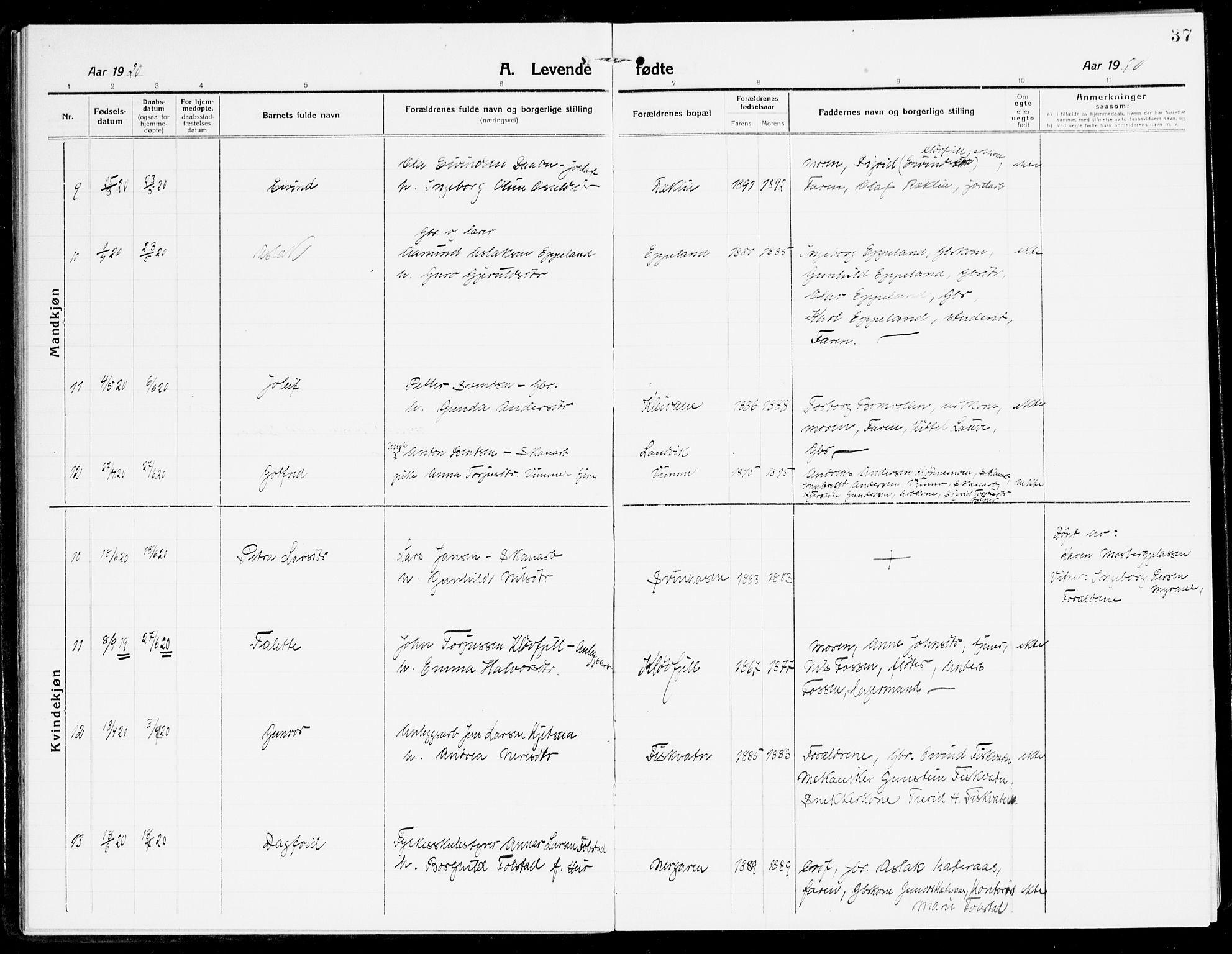 Åmli sokneprestkontor, AV/SAK-1111-0050/F/Fa/Fac/L0013: Parish register (official) no. A 13, 1914-1933, p. 37