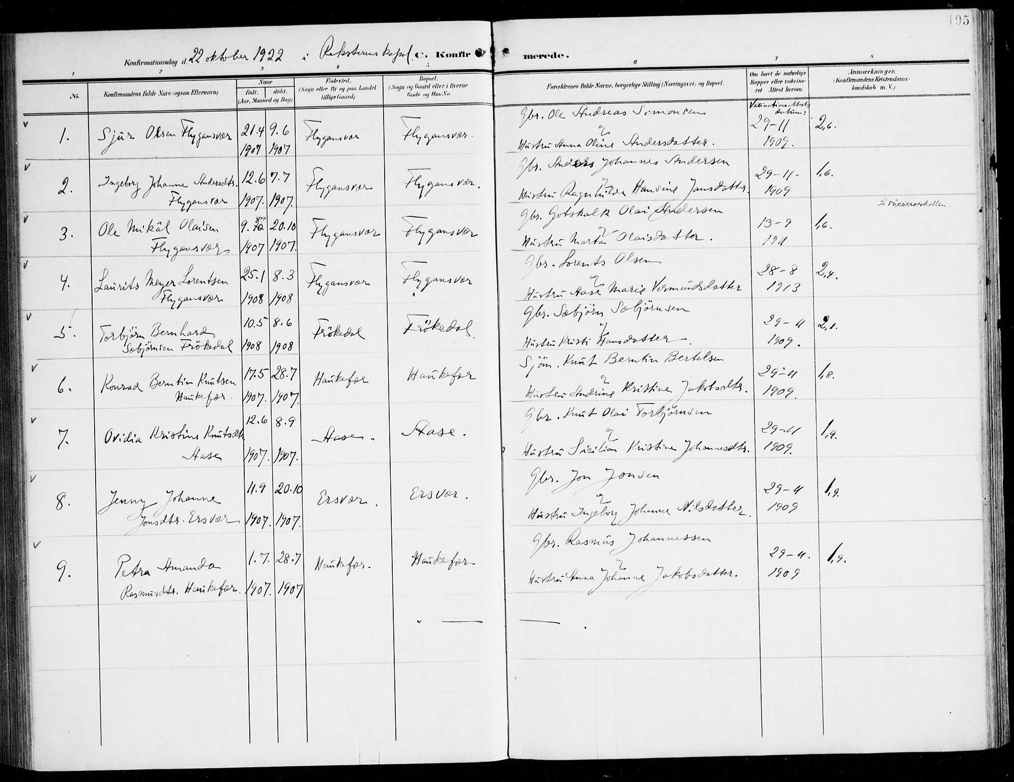 Tysnes sokneprestembete, AV/SAB-A-78601/H/Haa: Parish register (official) no. D 2, 1905-1922, p. 195