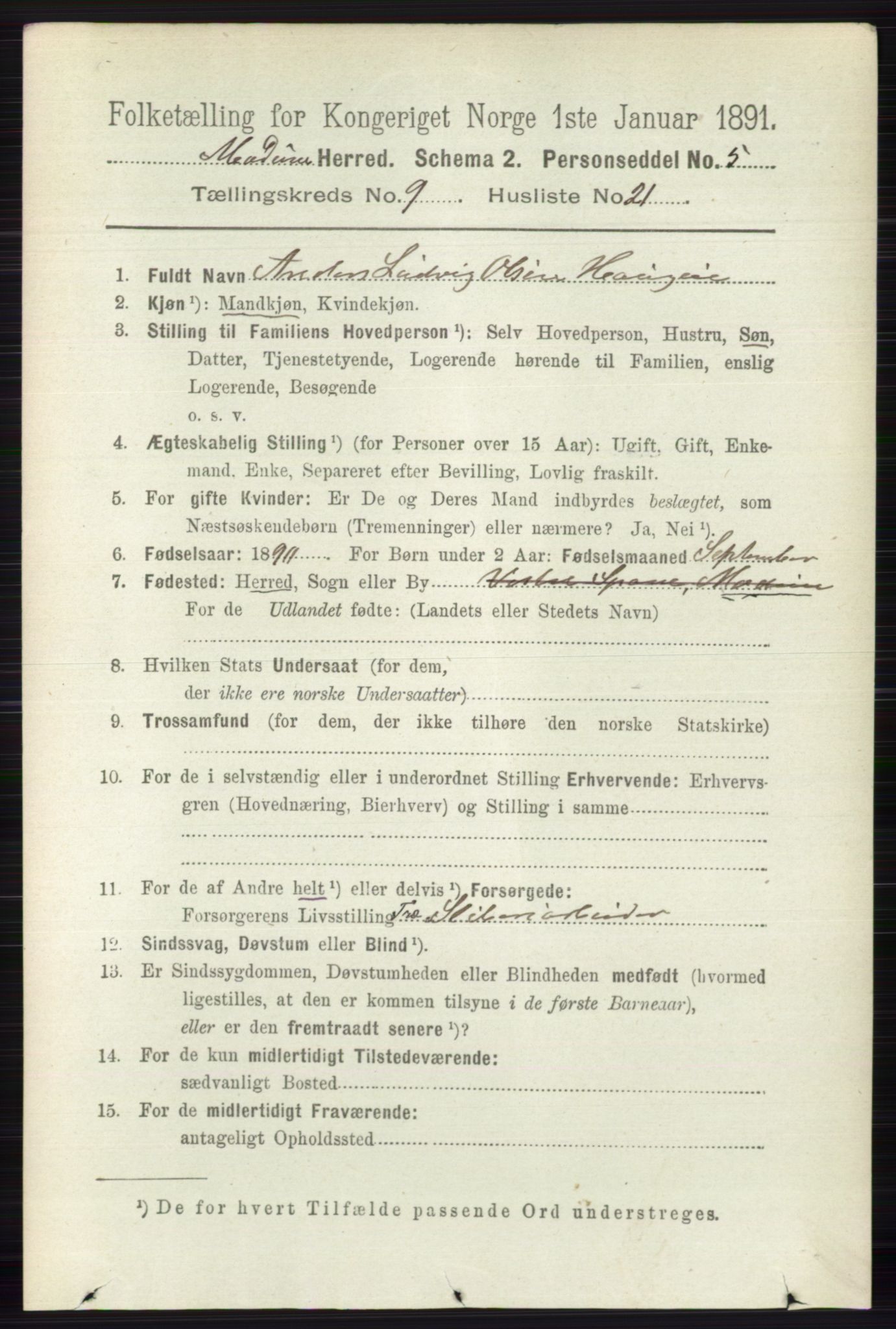 RA, 1891 census for 0623 Modum, 1891, p. 3585