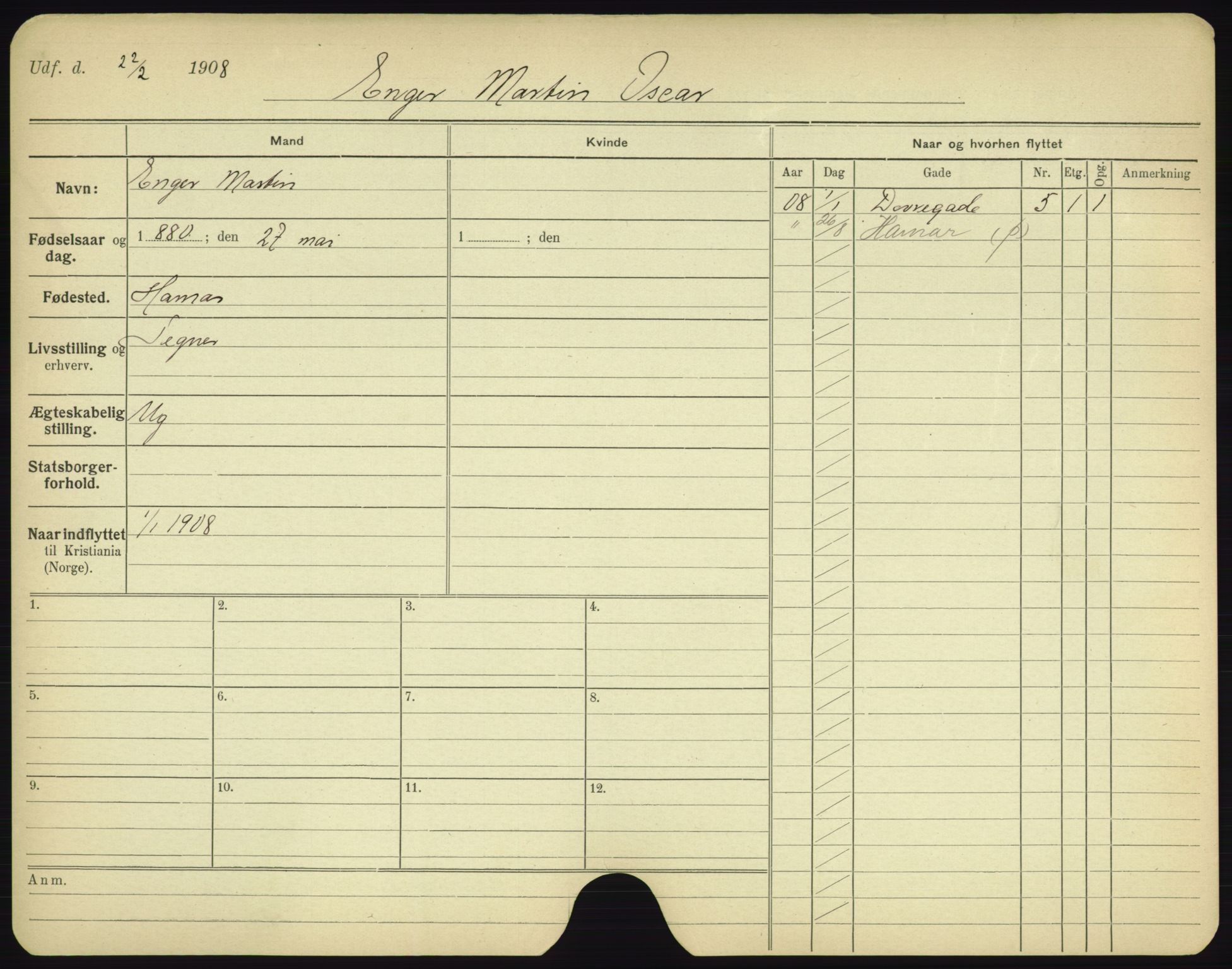 Oslo folkeregister, Registerkort, AV/SAO-A-11715/F/Fa/Fac/L0002: Menn, 1906-1914, p. 1000a