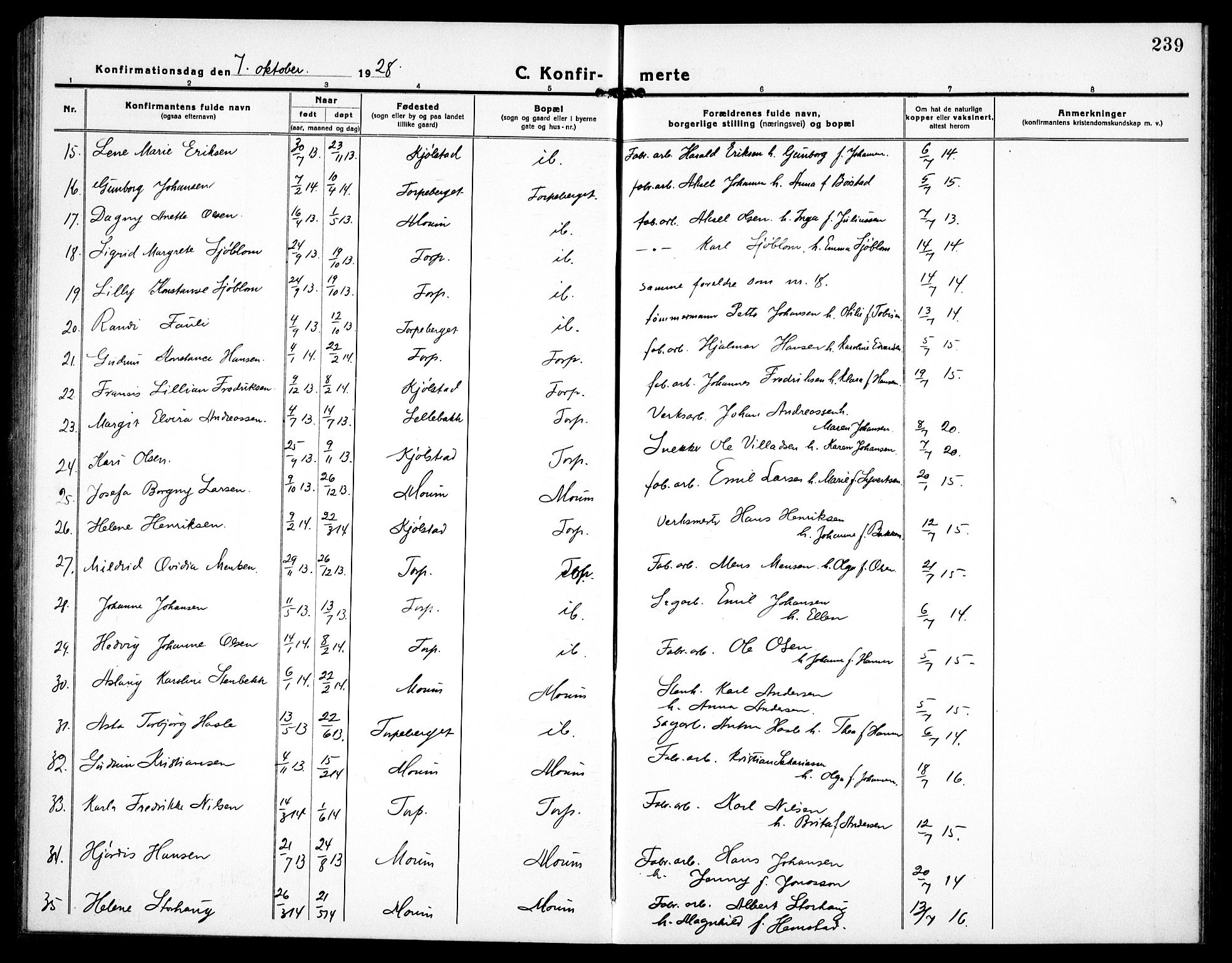 Borge prestekontor Kirkebøker, AV/SAO-A-10903/G/Ga/L0003: Parish register (copy) no. I 3, 1918-1939, p. 239