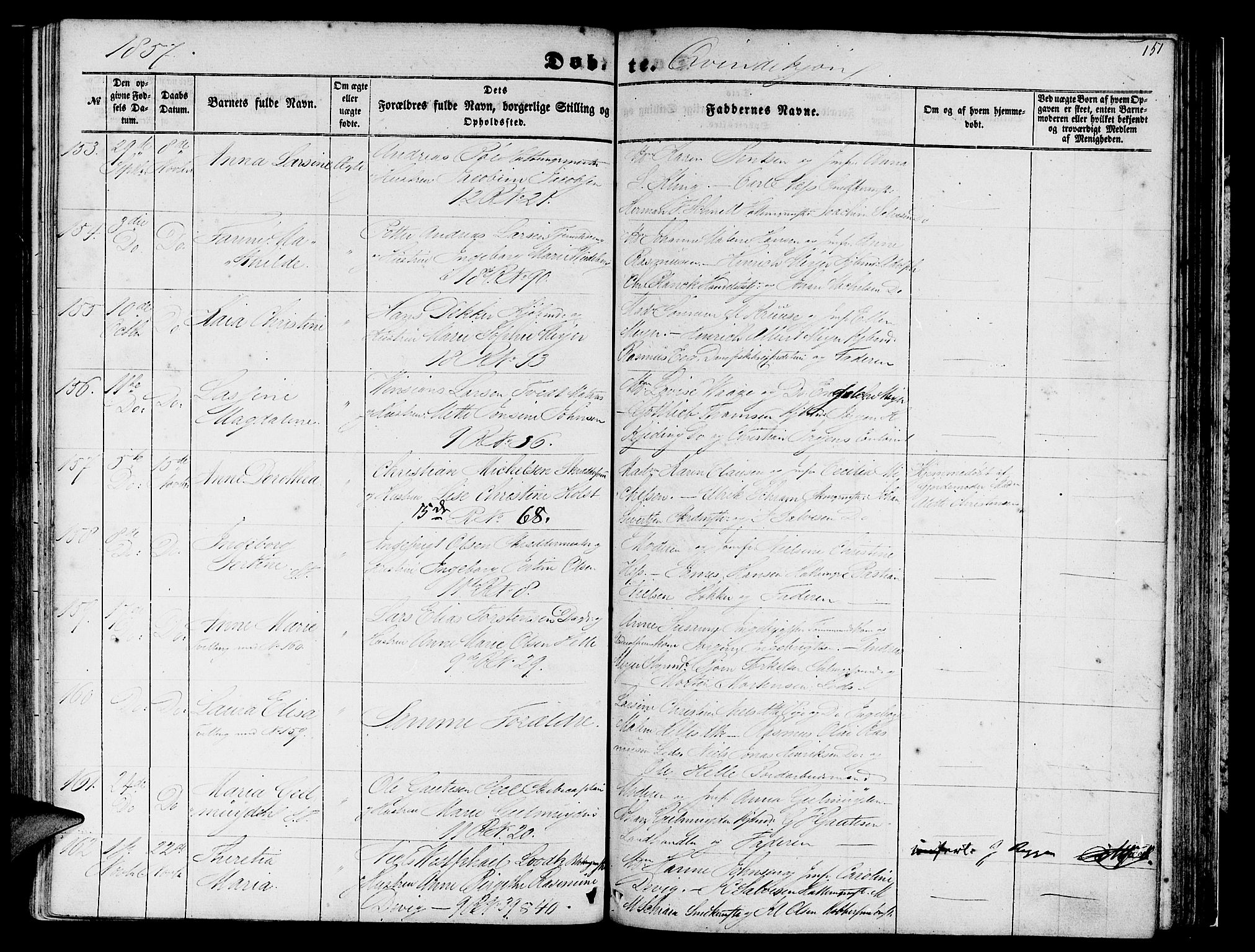 Domkirken sokneprestembete, SAB/A-74801/H/Hab/L0011: Parish register (copy) no. B 4, 1856-1862, p. 151