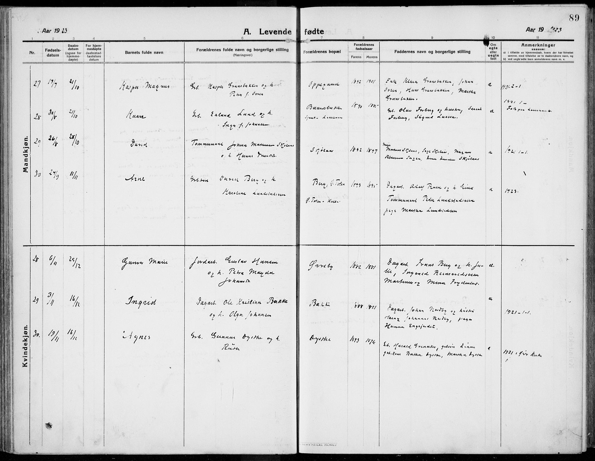 Kolbu prestekontor, AV/SAH-PREST-110/H/Ha/Haa/L0002: Parish register (official) no. 2, 1912-1926, p. 89