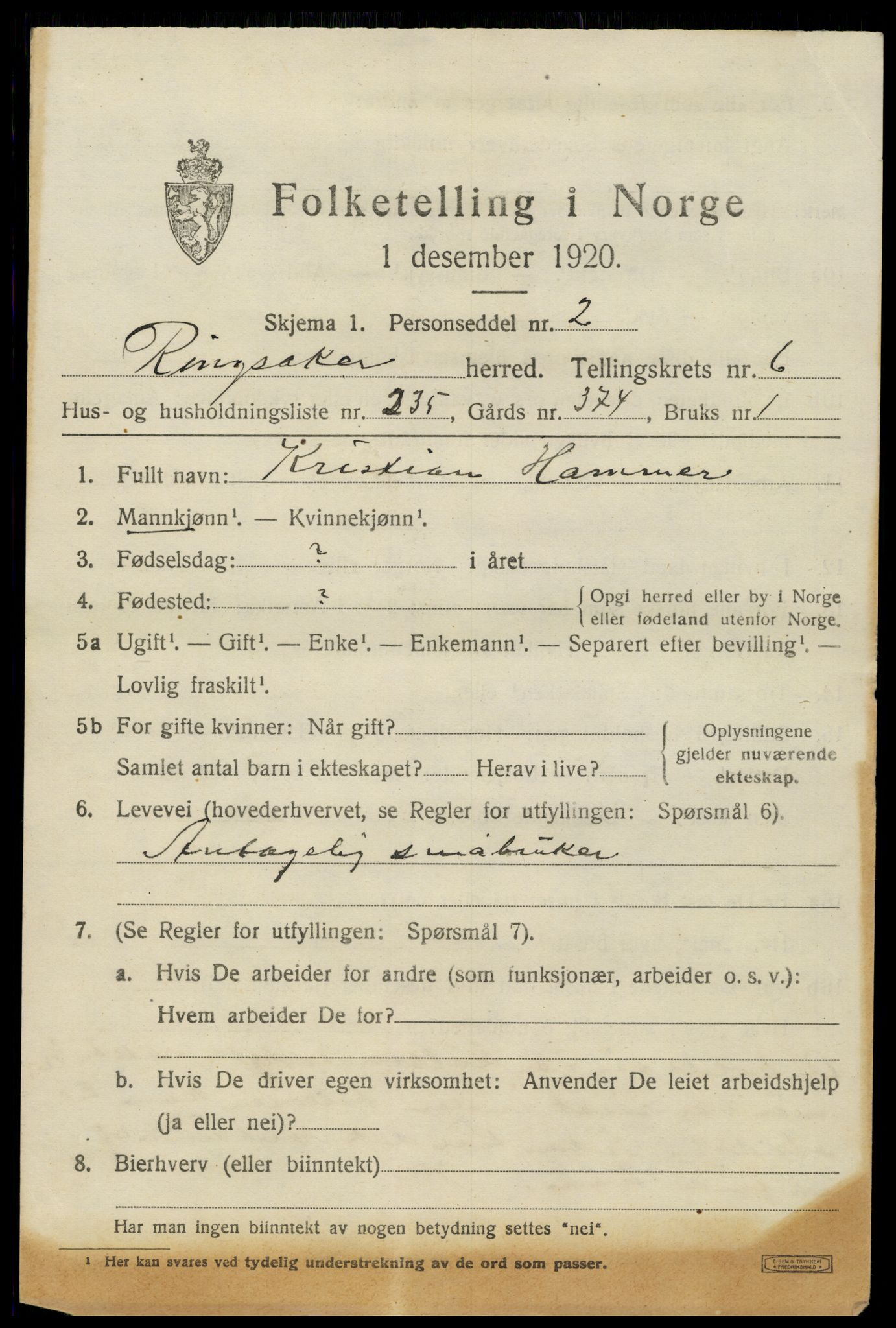 SAH, 1920 census for Ringsaker, 1920, p. 15090