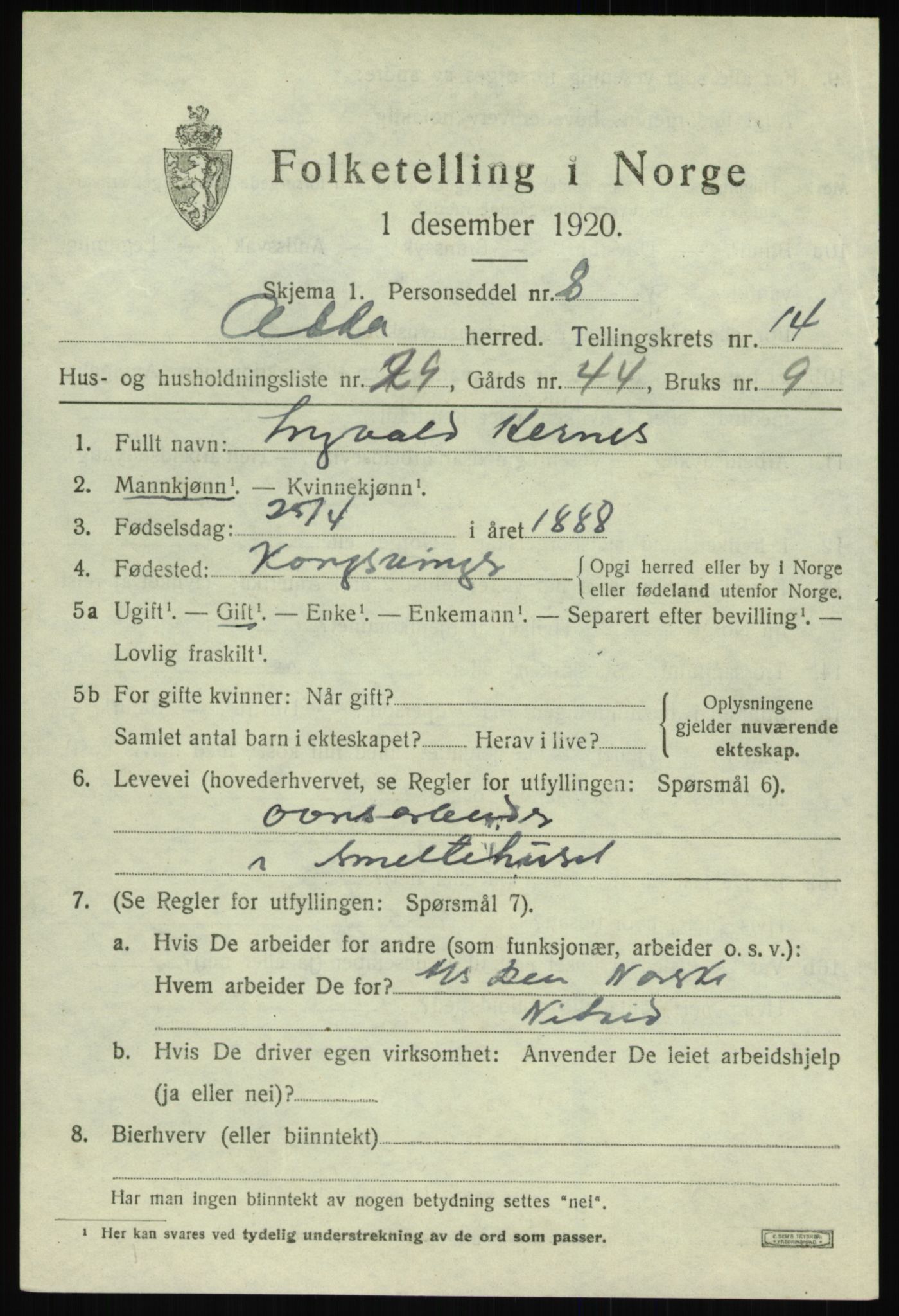 SAB, 1920 census for Odda, 1920, p. 12447