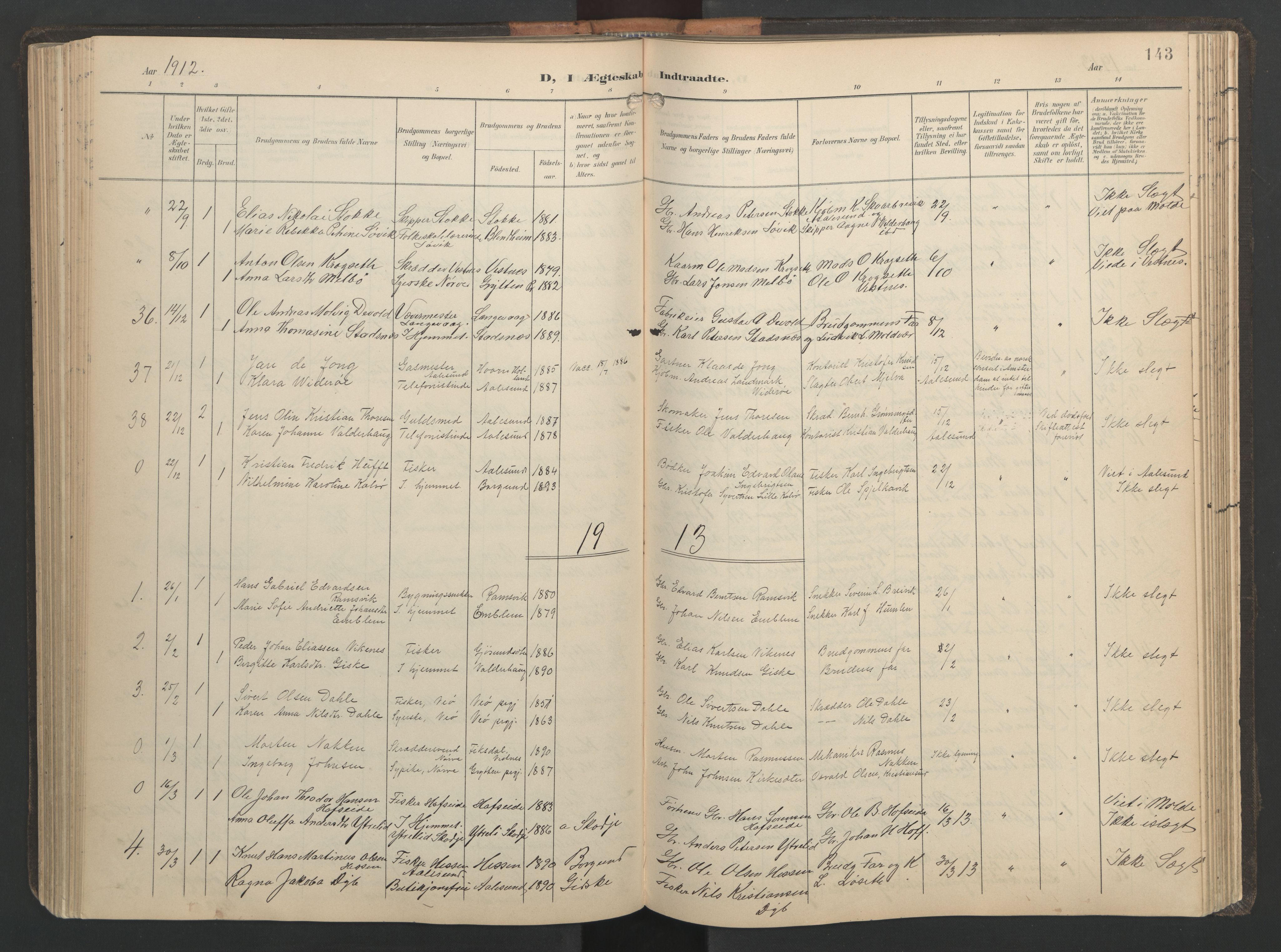 Ministerialprotokoller, klokkerbøker og fødselsregistre - Møre og Romsdal, AV/SAT-A-1454/528/L0433: Parish register (copy) no. 528C14, 1899-1922, p. 143