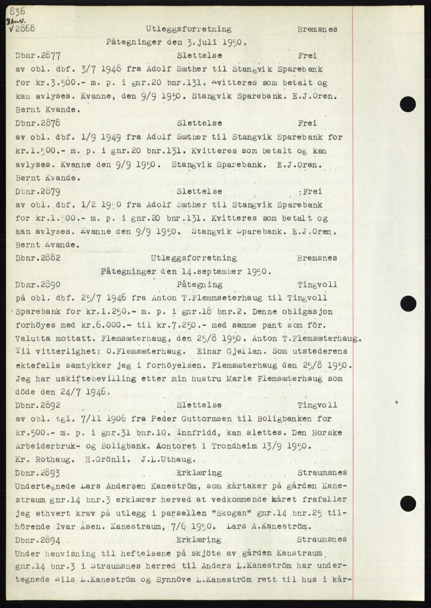 Nordmøre sorenskriveri, SAT/A-4132/1/2/2Ca: Mortgage book no. C82b, 1946-1951, Diary no: : 2877/1950