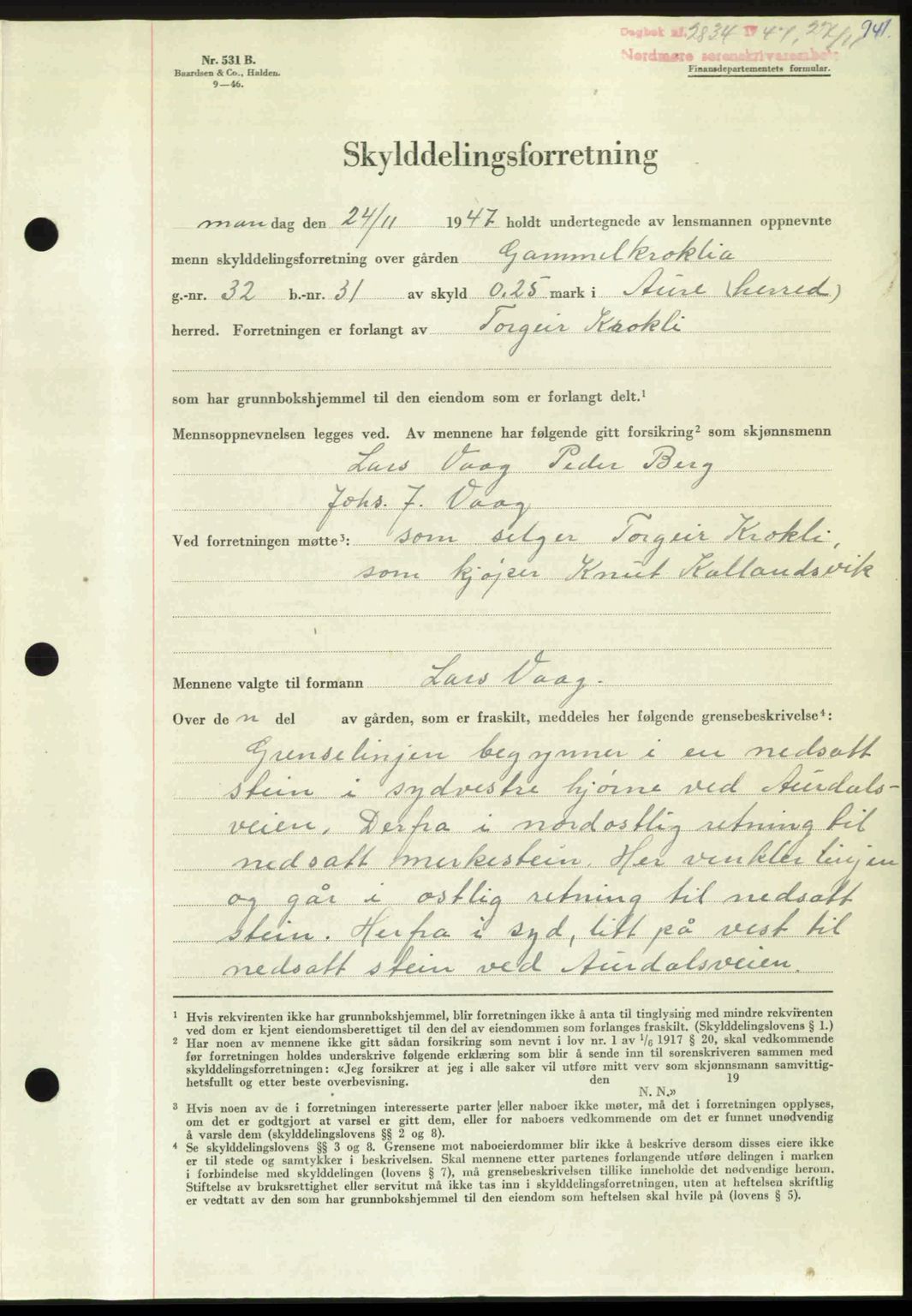 Nordmøre sorenskriveri, AV/SAT-A-4132/1/2/2Ca: Mortgage book no. A106, 1947-1947, Diary no: : 2834/1947