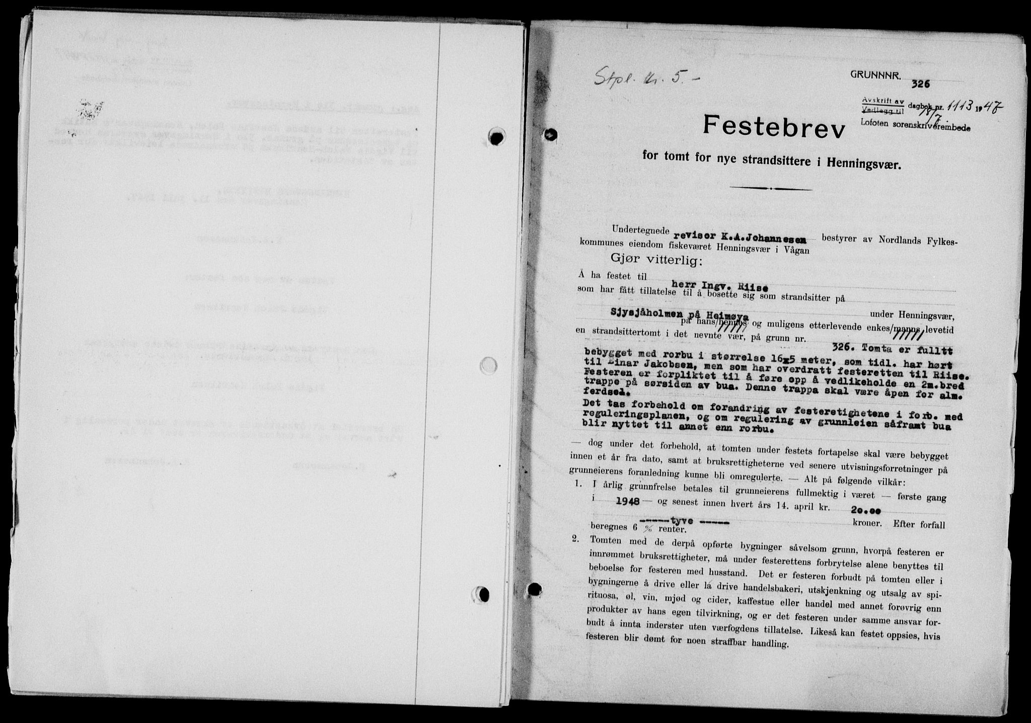 Lofoten sorenskriveri, SAT/A-0017/1/2/2C/L0016a: Mortgage book no. 16a, 1947-1947, Diary no: : 1113/1947