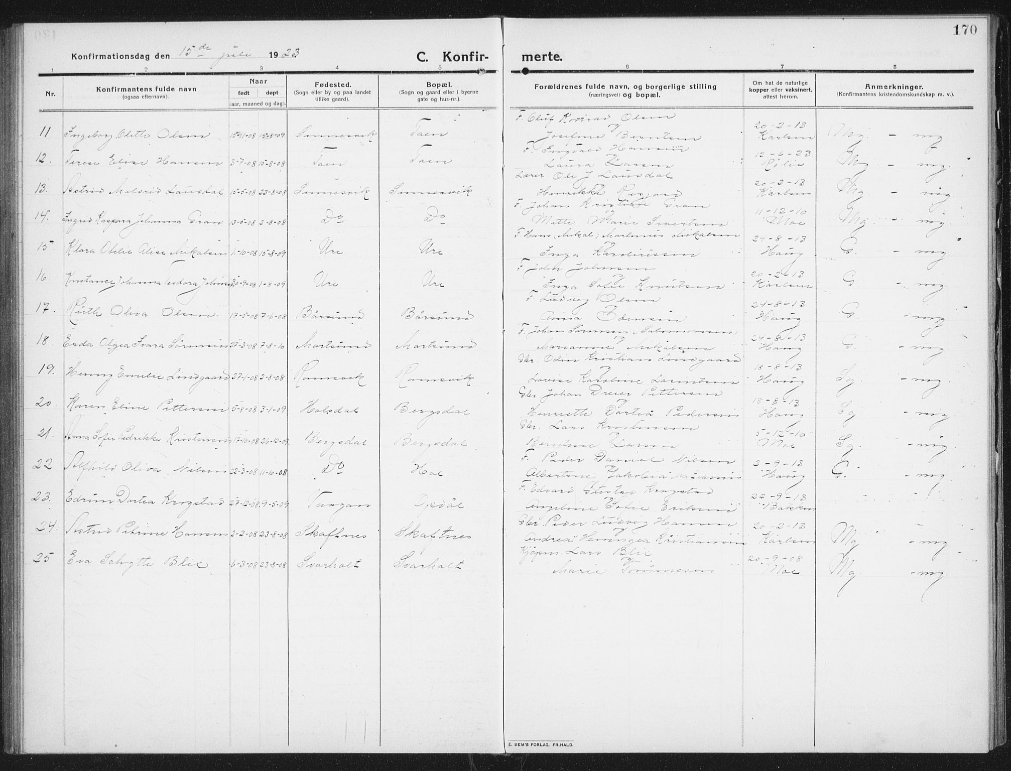 Ministerialprotokoller, klokkerbøker og fødselsregistre - Nordland, AV/SAT-A-1459/882/L1183: Parish register (copy) no. 882C01, 1911-1938, p. 170