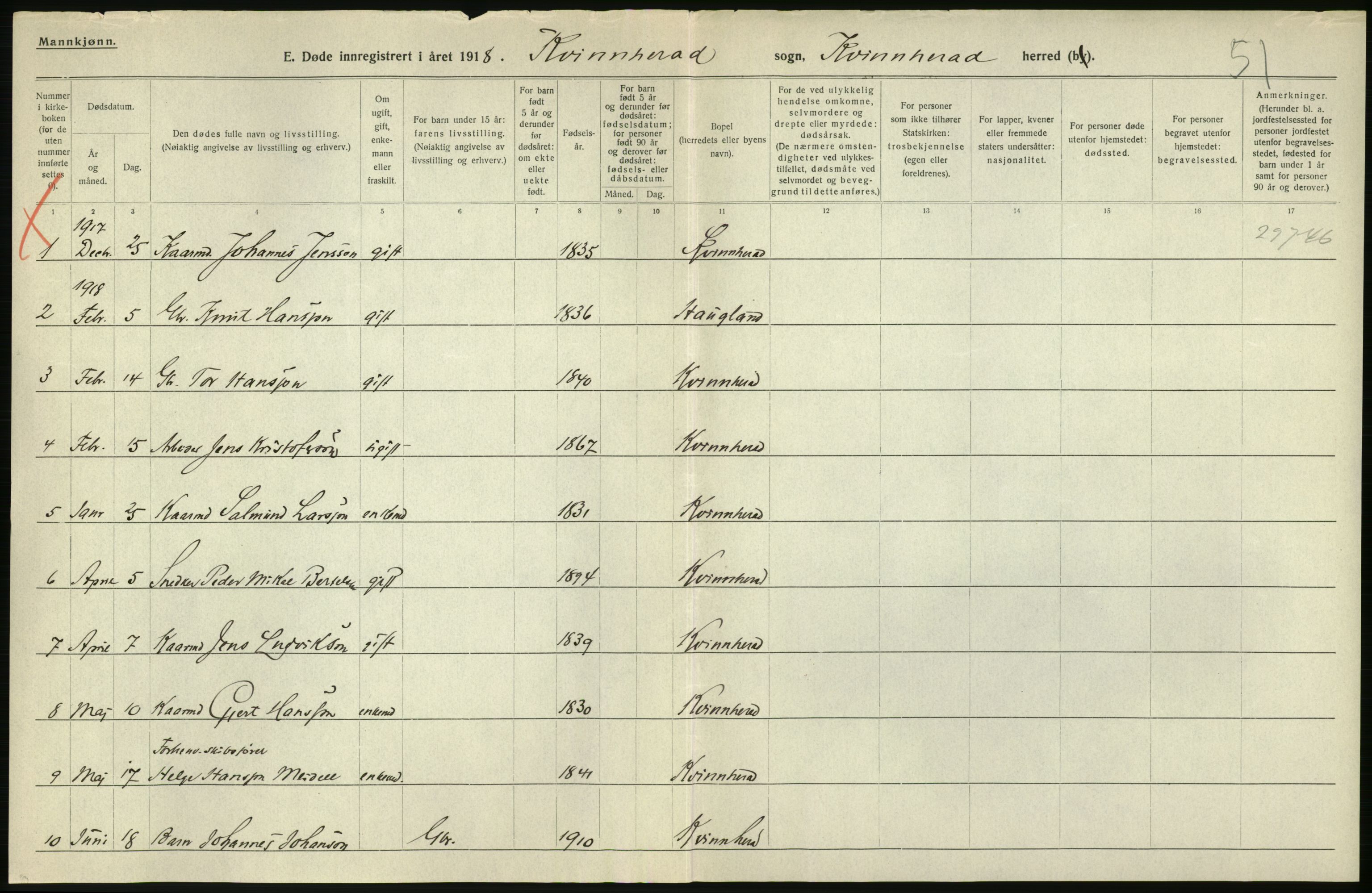 Statistisk sentralbyrå, Sosiodemografiske emner, Befolkning, AV/RA-S-2228/D/Df/Dfb/Dfbh/L0036: Hordaland fylke: Døde., 1918, p. 10