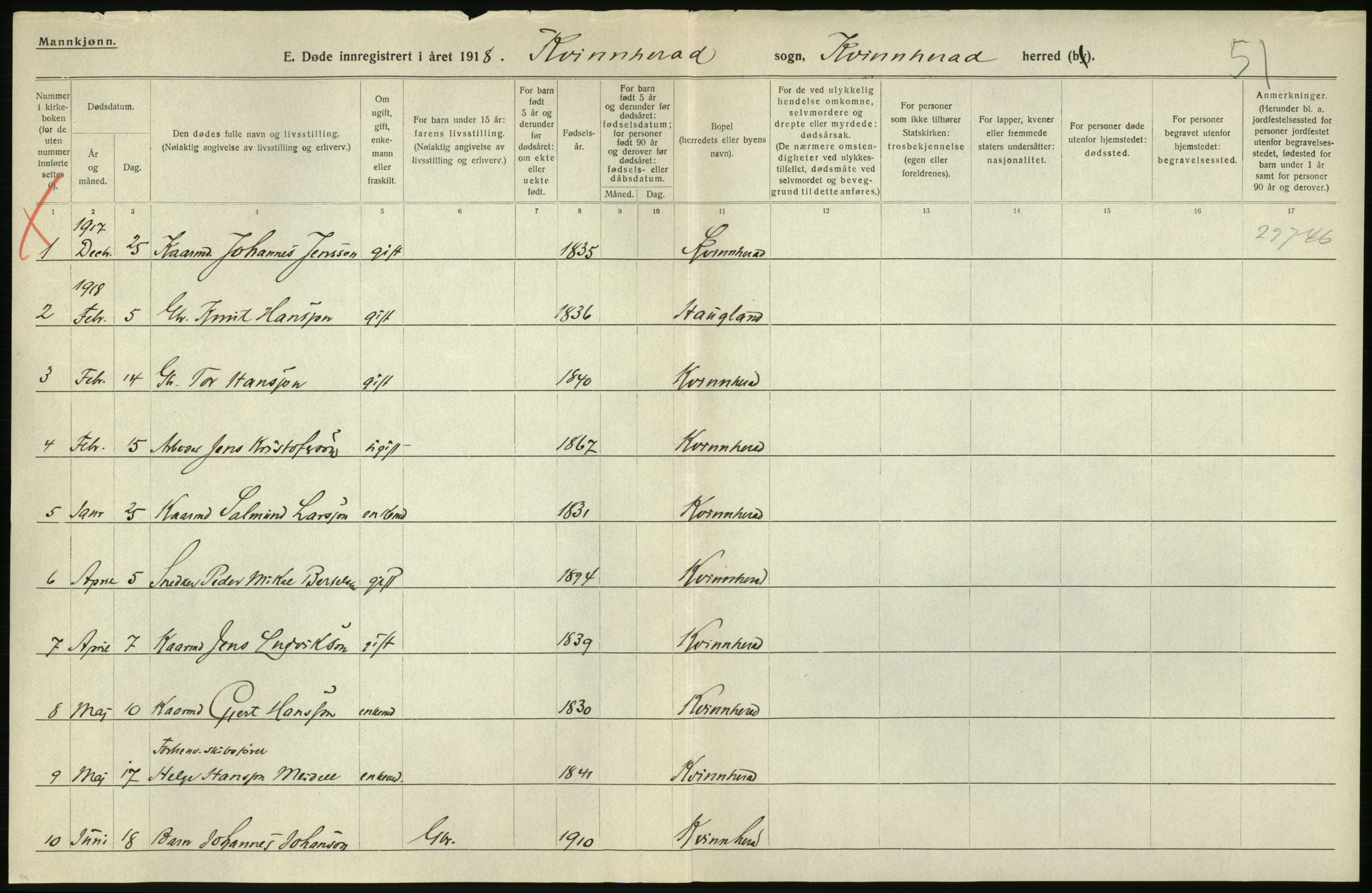 Statistisk sentralbyrå, Sosiodemografiske emner, Befolkning, RA/S-2228/D/Df/Dfb/Dfbh/L0036: Hordaland fylke: Døde., 1918, p. 10